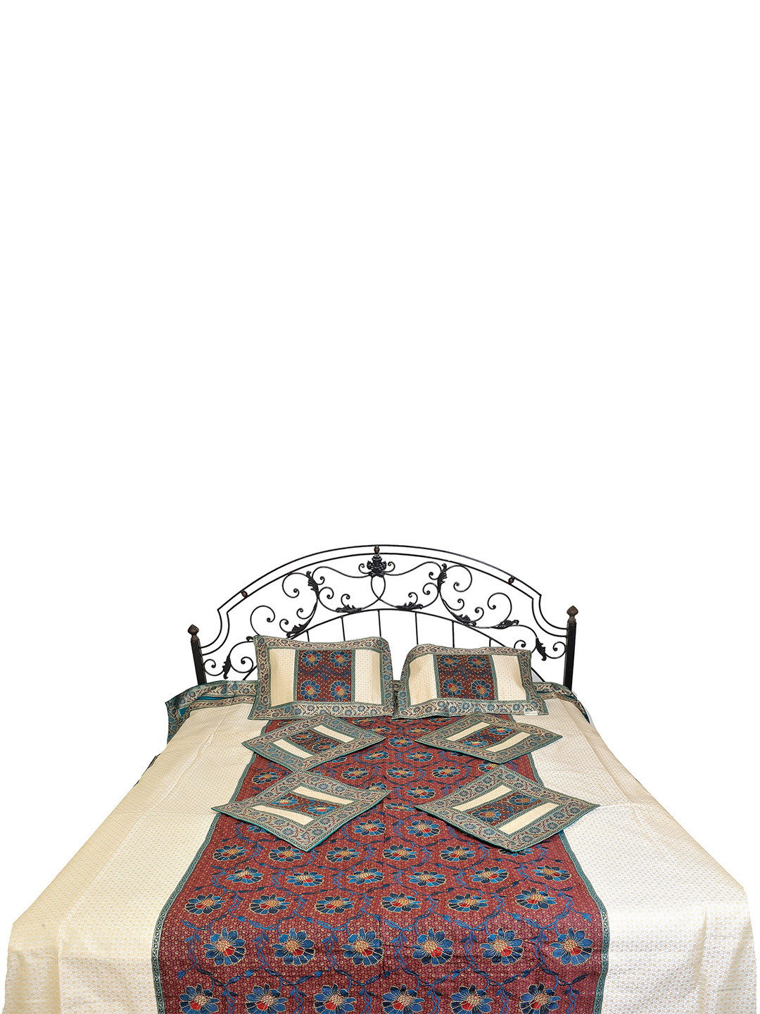 Exotic India Red Floral Polyester 300 TC Queen Fine Bedsheet with 6 Pillow Covers-103 x 90 inches