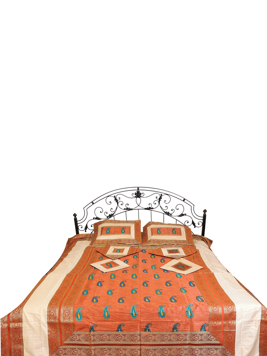 Exotic India Lear Brown Paisley Polyester 300 TC Queen Fine Bedsheet with 6 Pillow Covers-106 x 90 inches