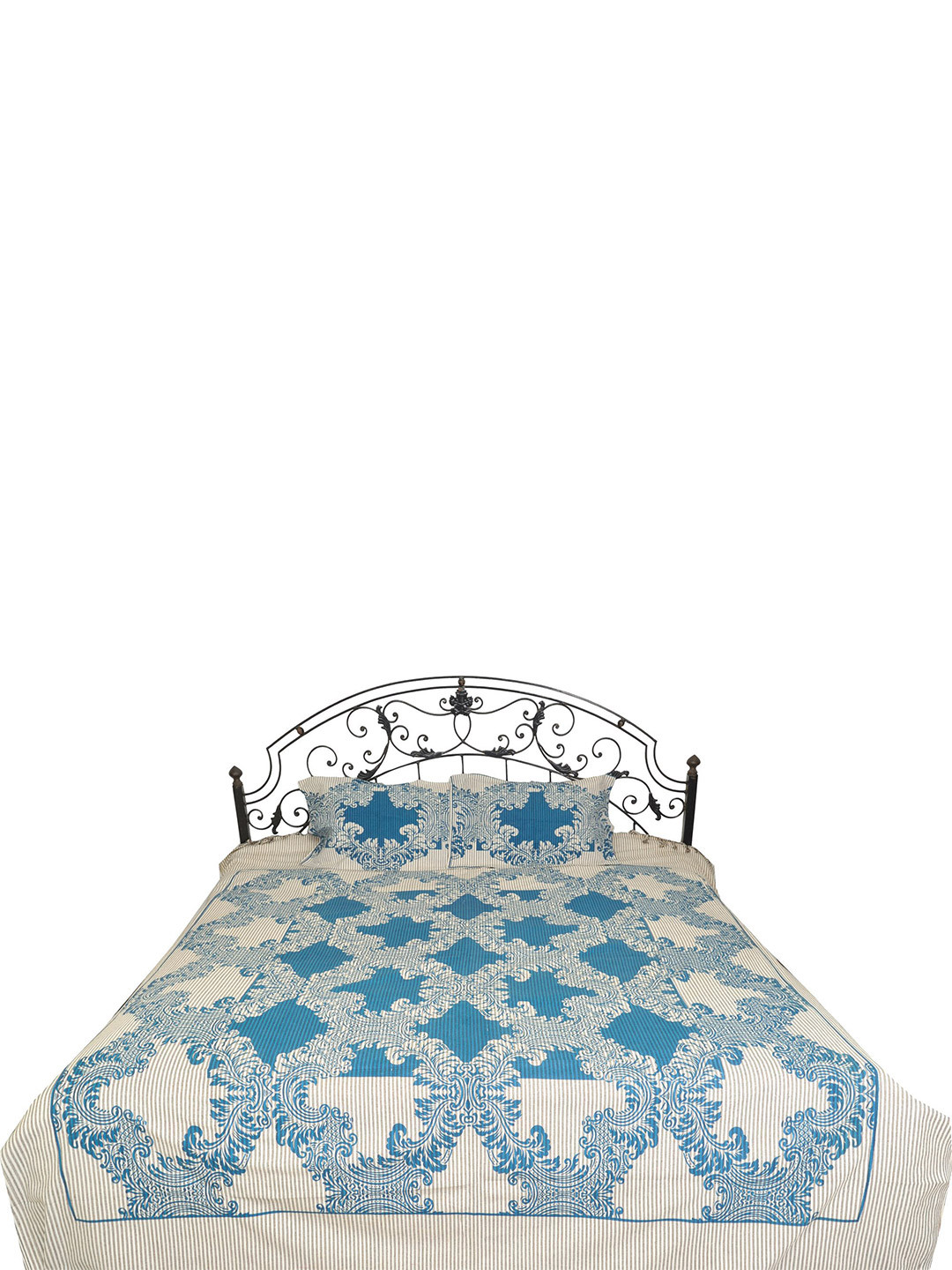 Exotic India Flat_Cashm_Sbs Blue Floral Cotton 300 TC Queen Bedsheet with 2 Pillow Covers-246 x 213 cm