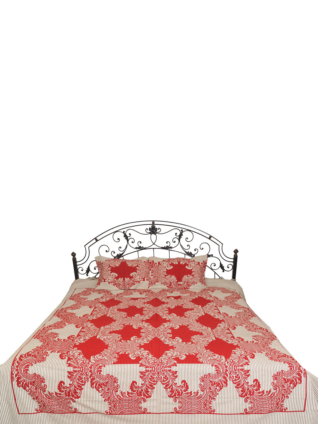 Exotic India Rococco Red Floral Cotton 300 TC Queen Fine Bedsheet with 2 Pillow Covers-97 x 84 inches