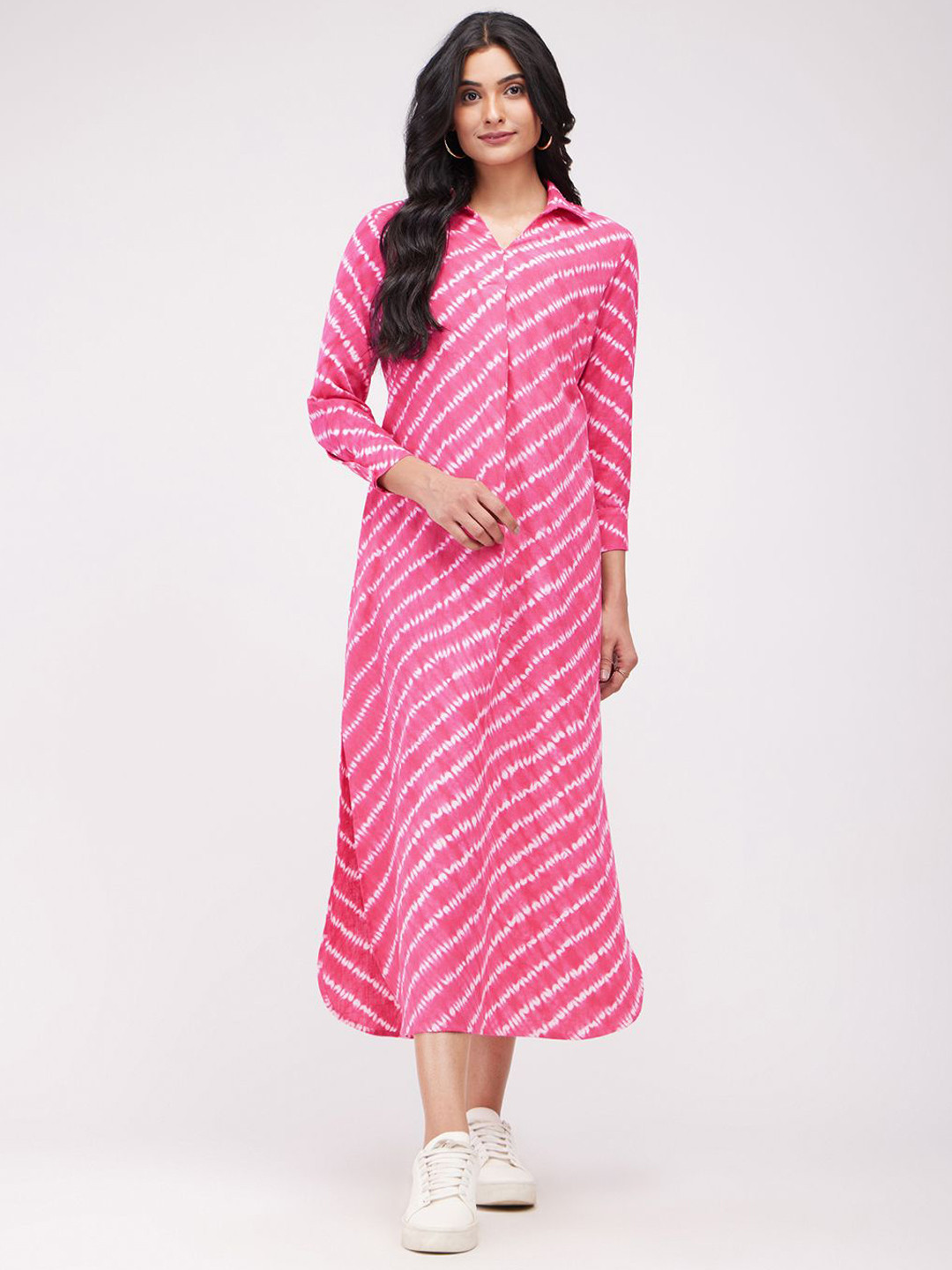 Pink Fort Tie & Dye Printed Cotton A-Line Midi Dress