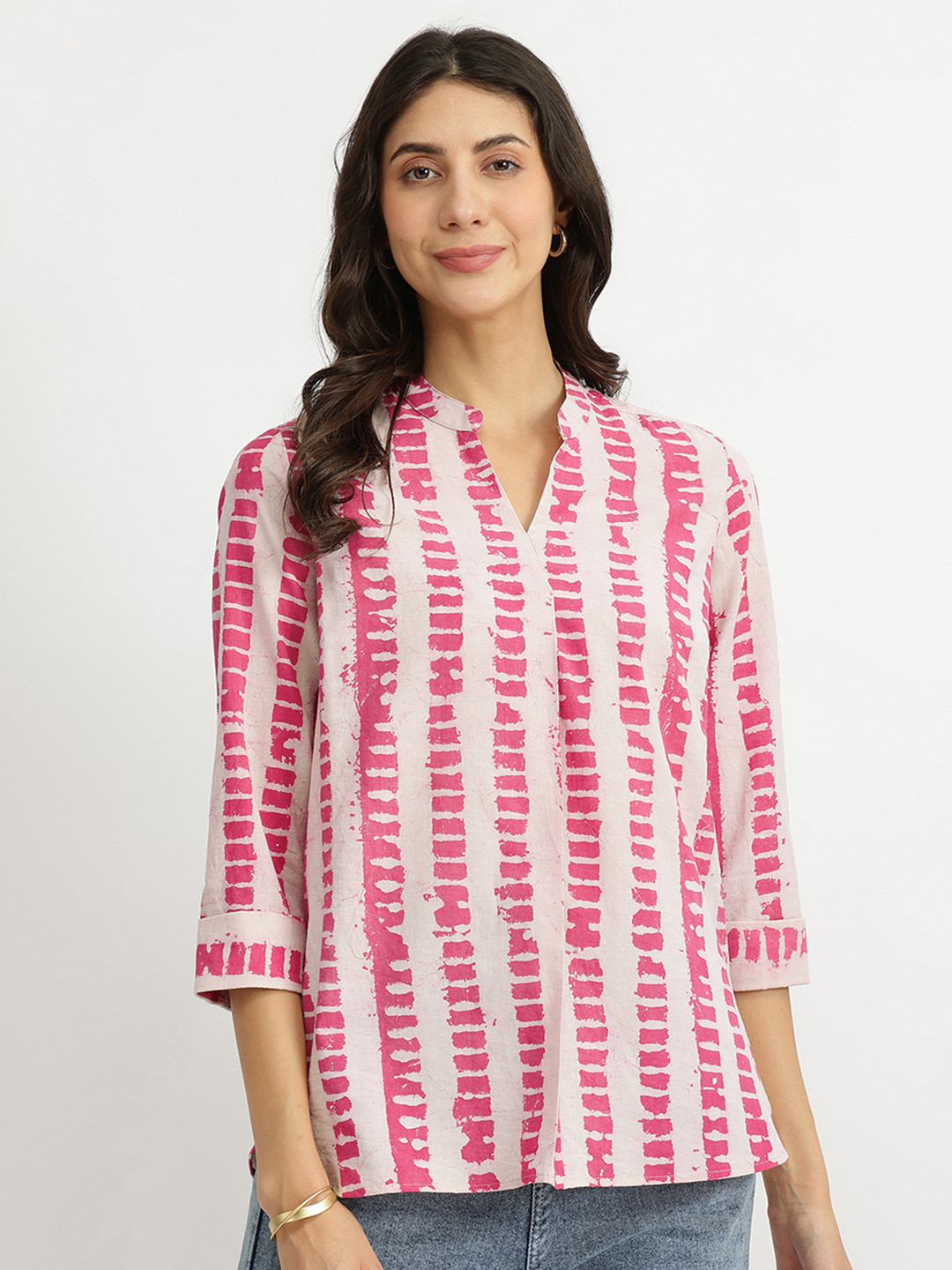 Pink Fort Print Mandarin Collar Cotton Shirt Style Top
