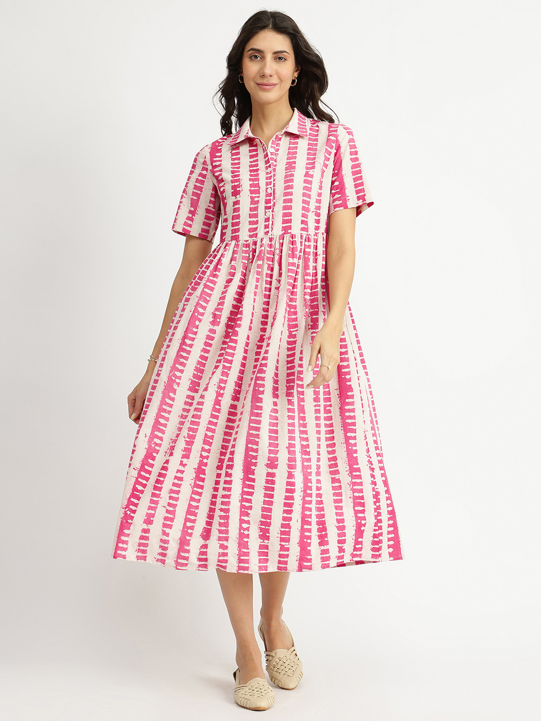 Pink Fort Tie & Dye Printed Cotton Shirt Midi Dress