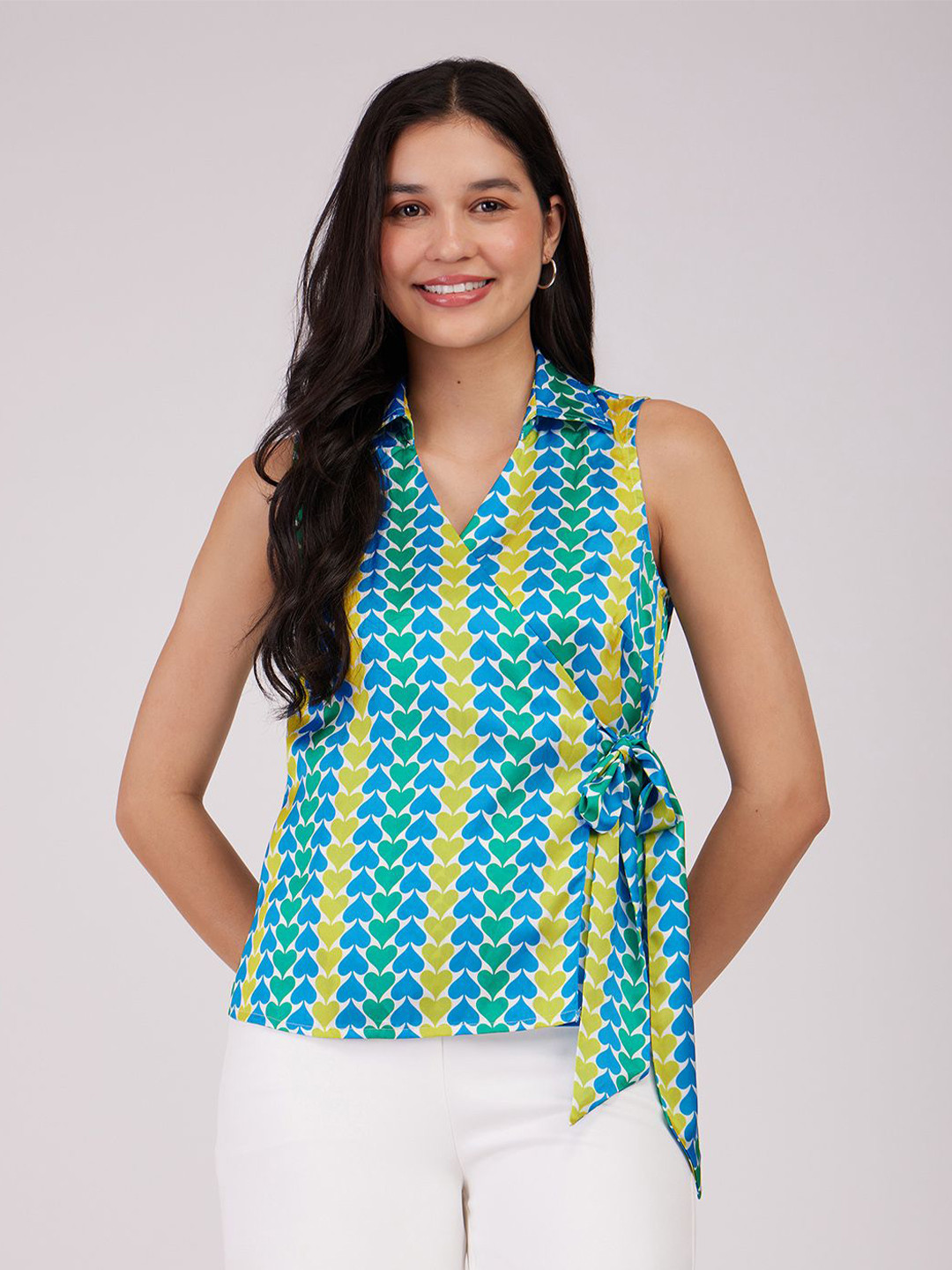 FableStreet Abstract Printed Shirt Collar Wrap White Top