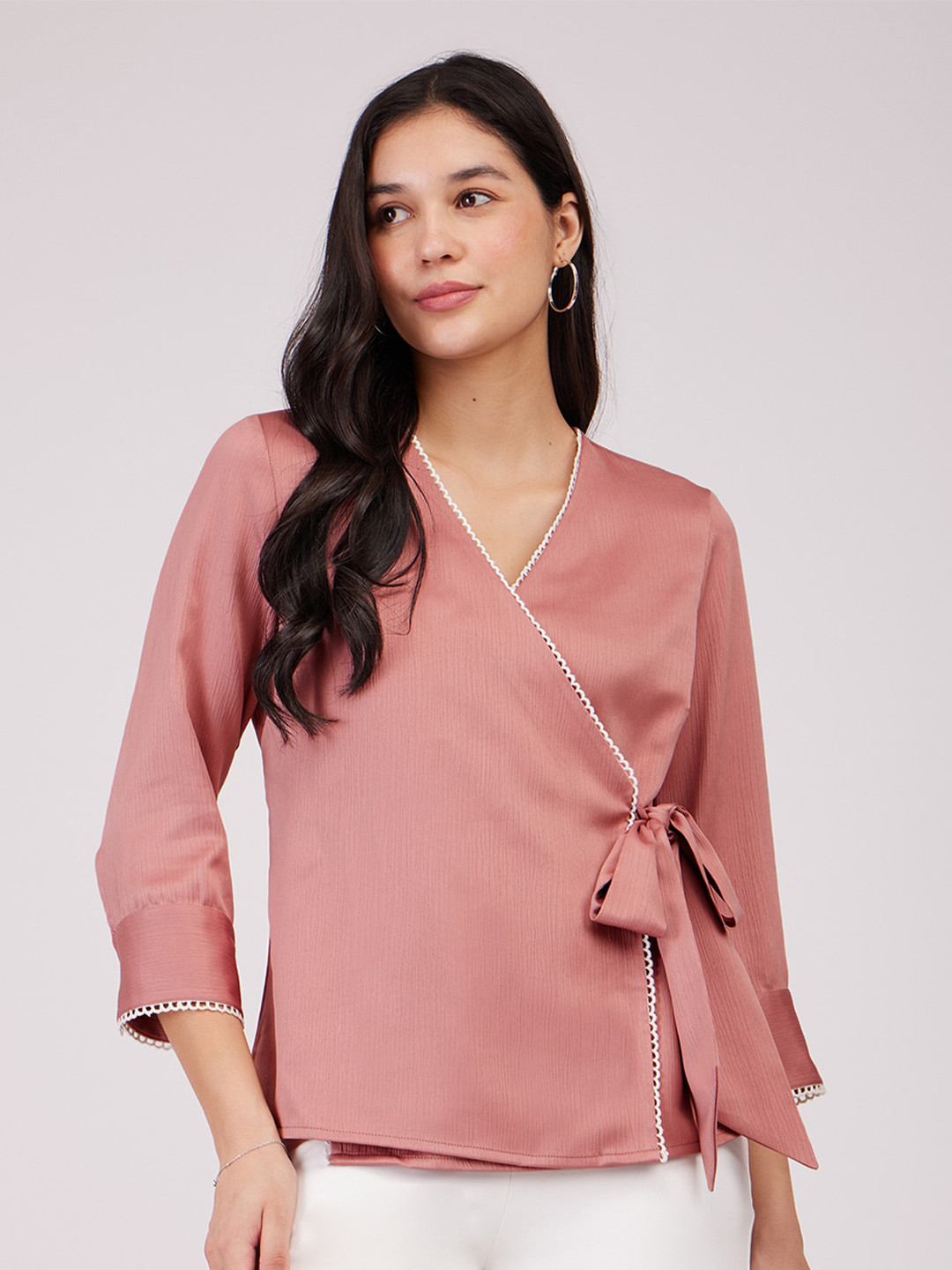 FABLE STREET Solid V-Neck Wrap Pink Top
