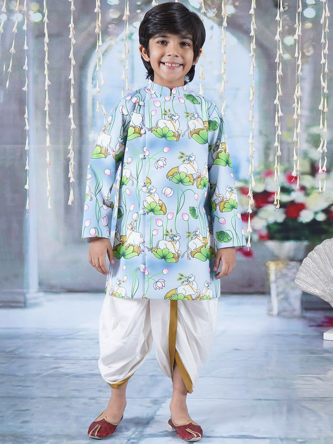 Little Bansi Boys Animal Printed Pure Cotton Sherwani Set