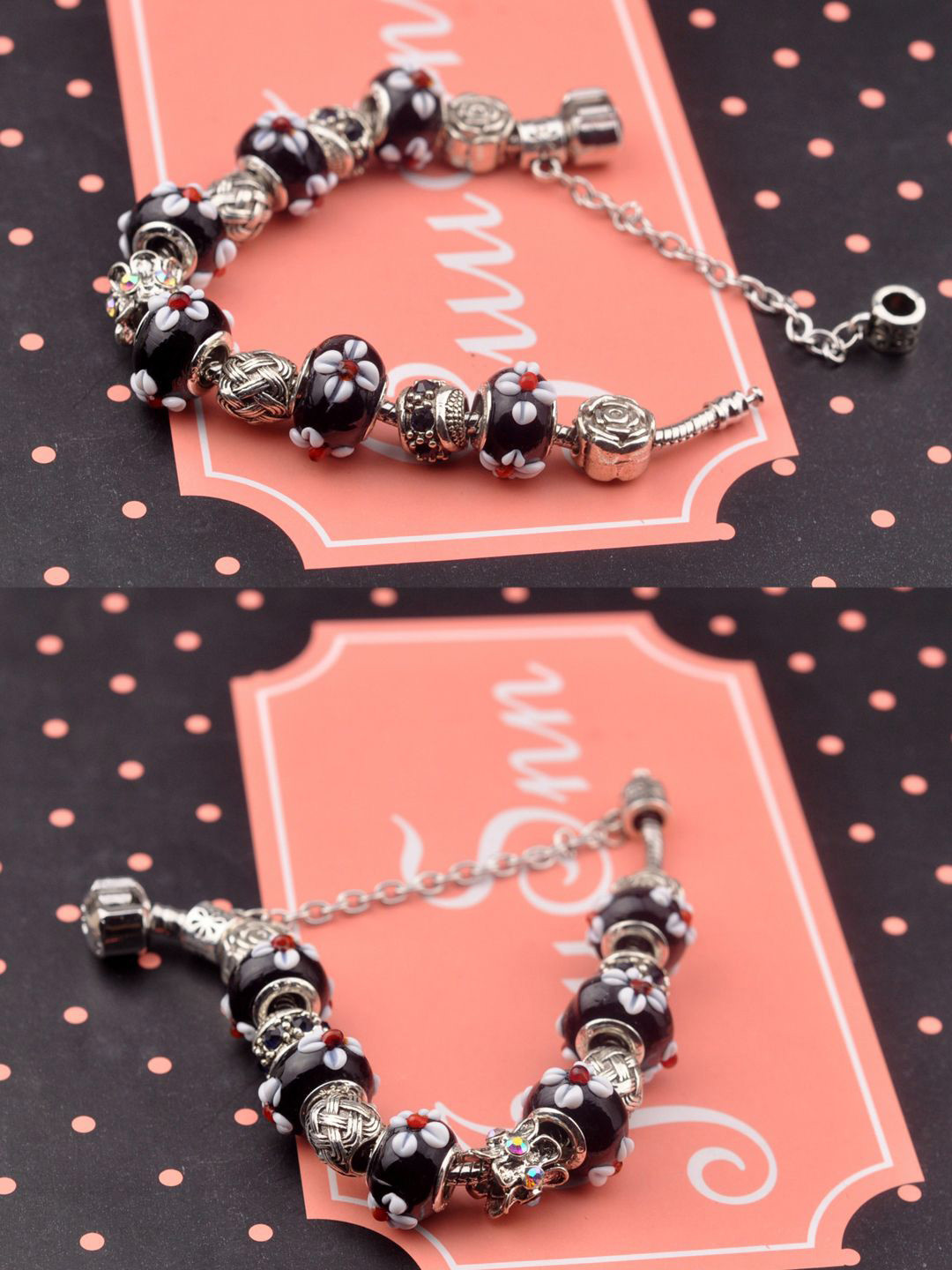 Young & Forever Brass-Plated Murano Glass Cubic Zirconia Silver Enamelled Charm Bracelet