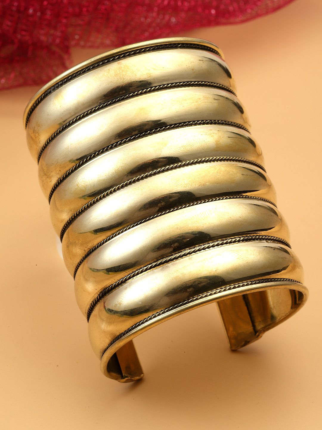 Sanjog German Gold-Plated Statement Brass Stacking Hammered Statement Cuff Bracelet