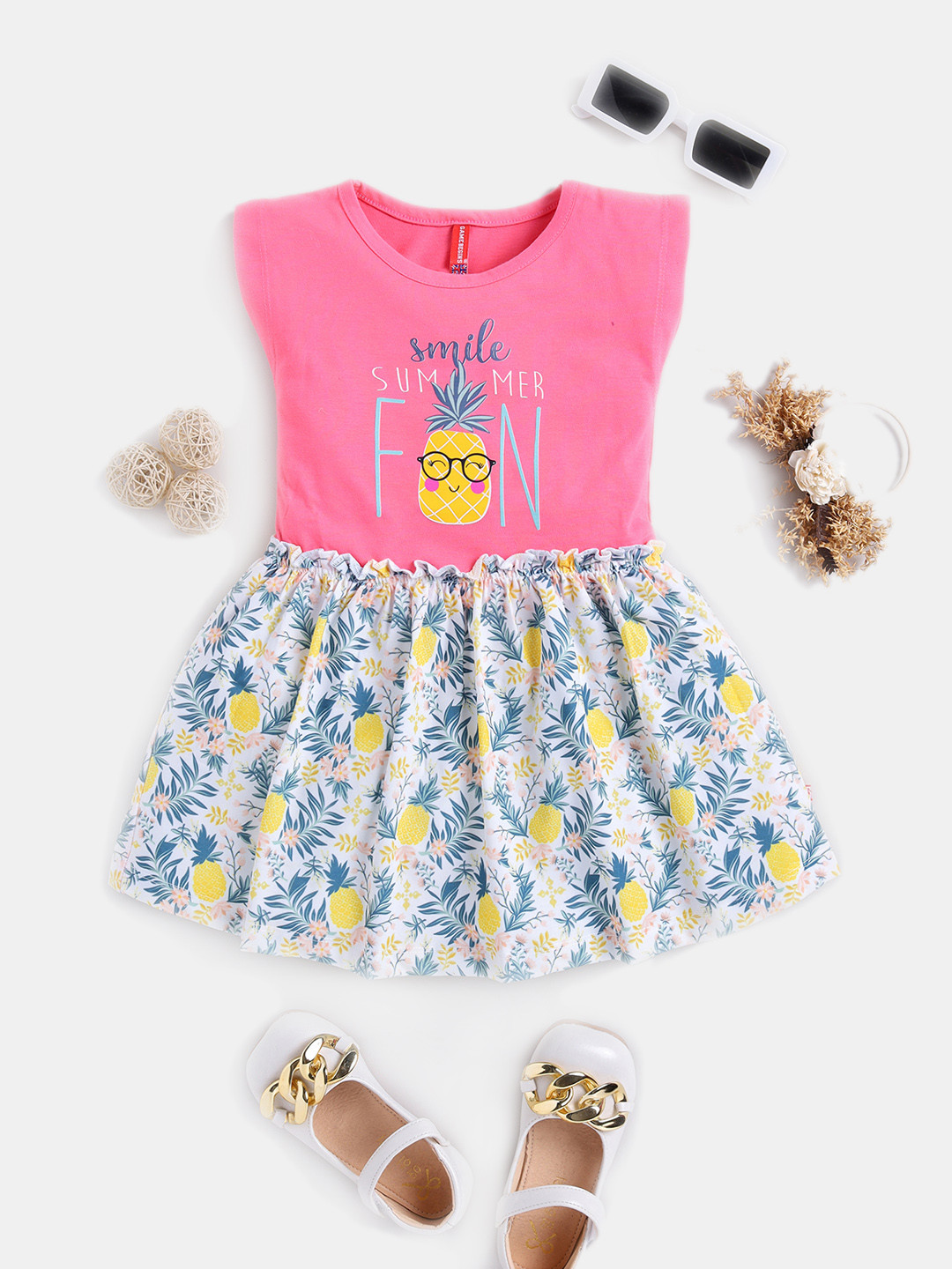 Here&Now X Game Begins Girls Tropical Printed Pure Cotton Fit & Flare Dress