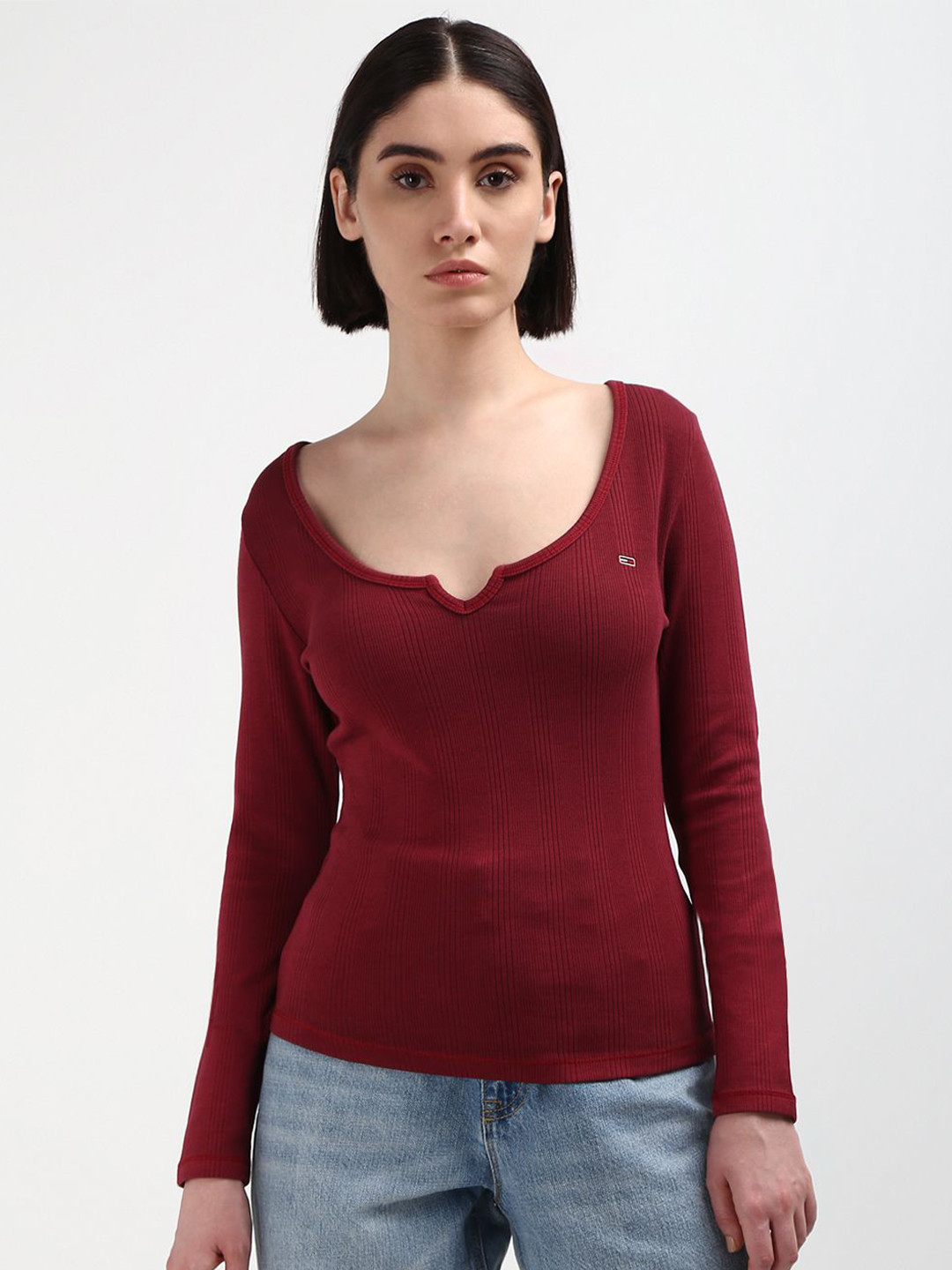 Tommy Hilfiger Women Scoop Neck Solid Cherry Red Slim Fit T-shirt