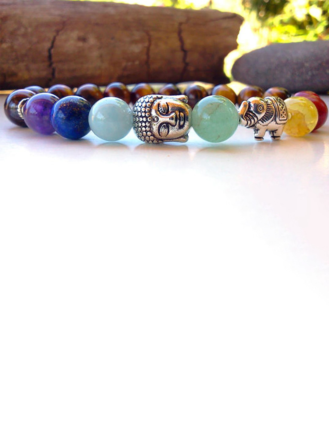 Young & Forever 7 Chakra Tiger Eye Buddha Elephant Crystal Bads Bacelet