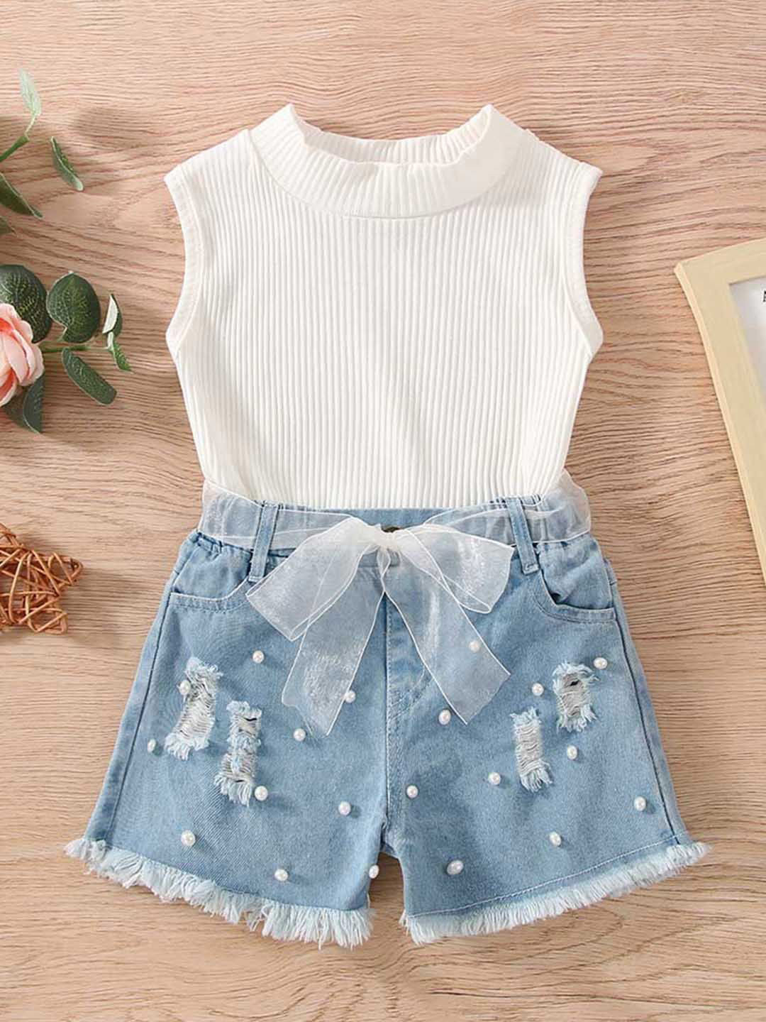 INCLUD Girls Striped Self Design Round Neck Top With Beaded Ribbed Shorts
