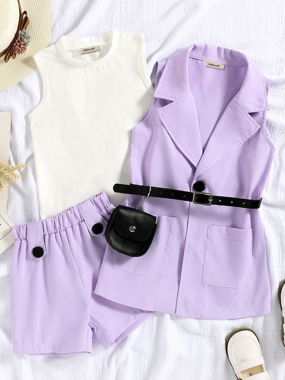 INCLUD Girls Lapel Collar Sleeveless T-Shirt & Shorts With Jacket