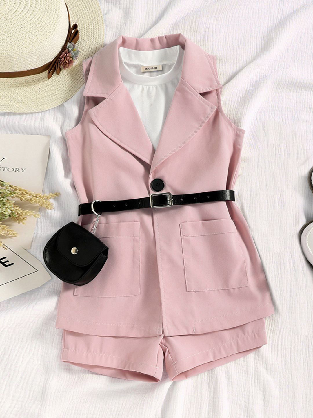 INCLUD Girls Belted Detail Notched Lapelled Collar Blazer Styled Top With Shorts