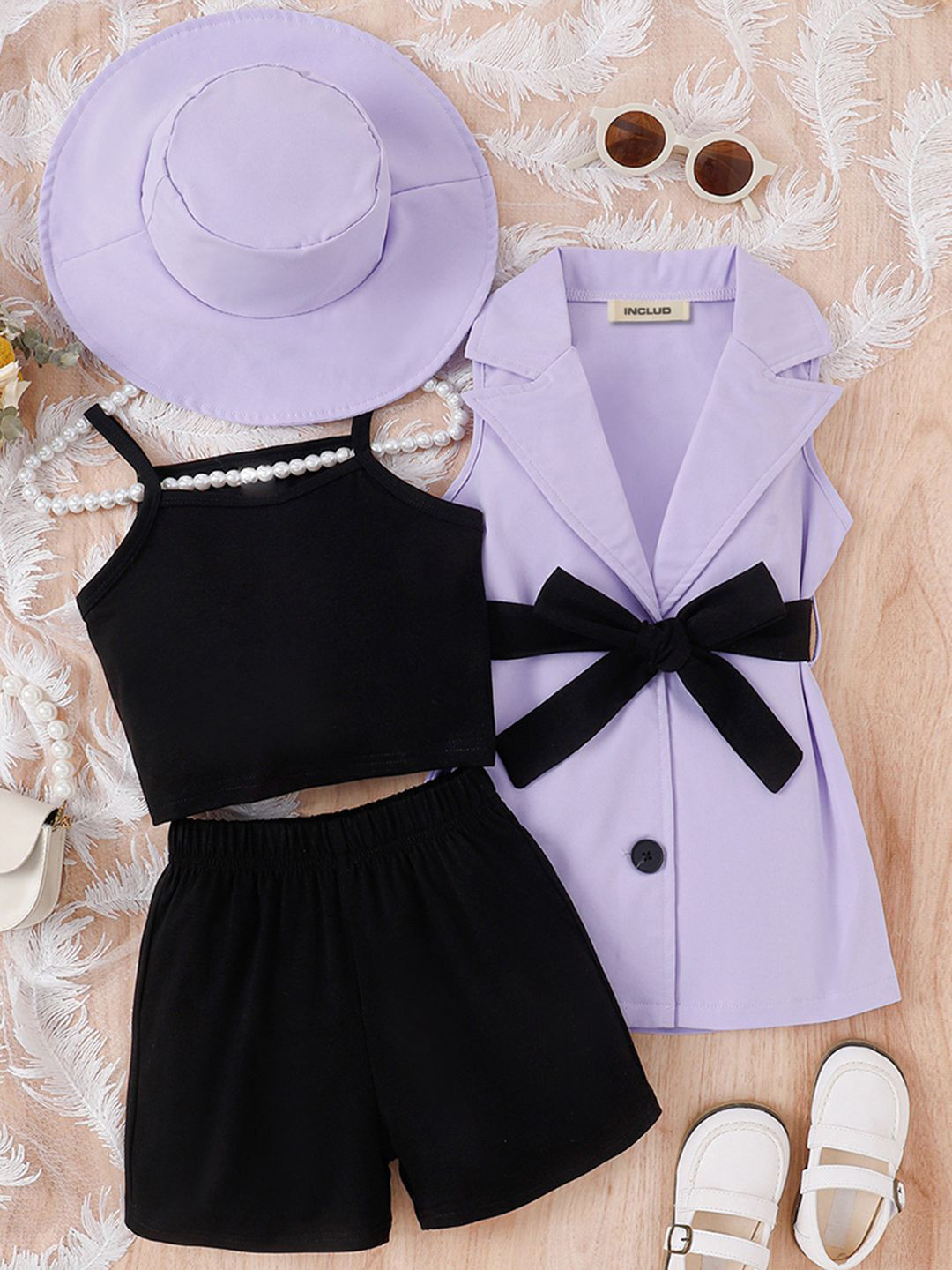 INCLUD Girls Shirt Collar Crop Top With Short &  Summer Jacket With Hat