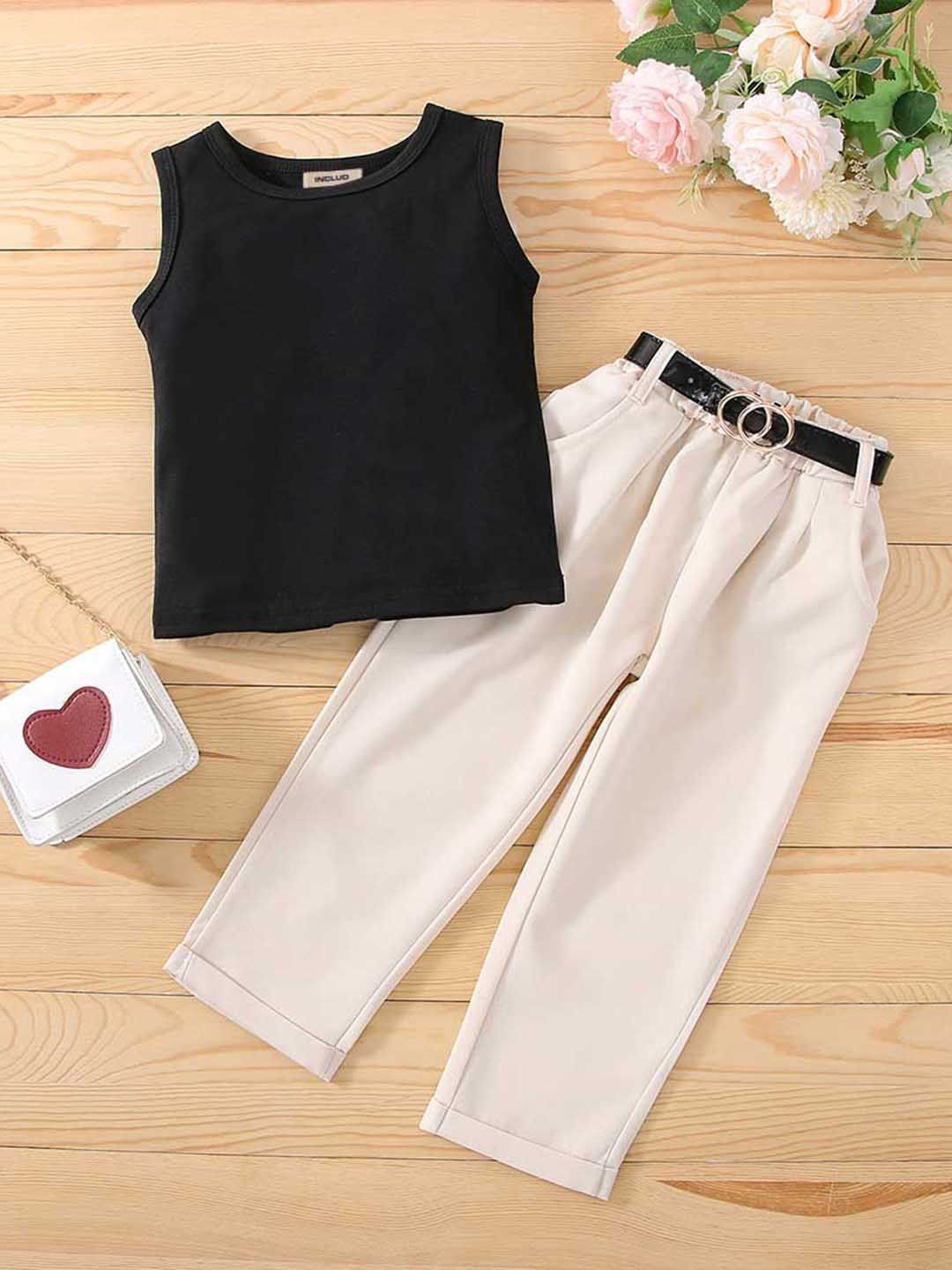 INCLUD Girls Round Neck Tank Top With Trousers & Belt
