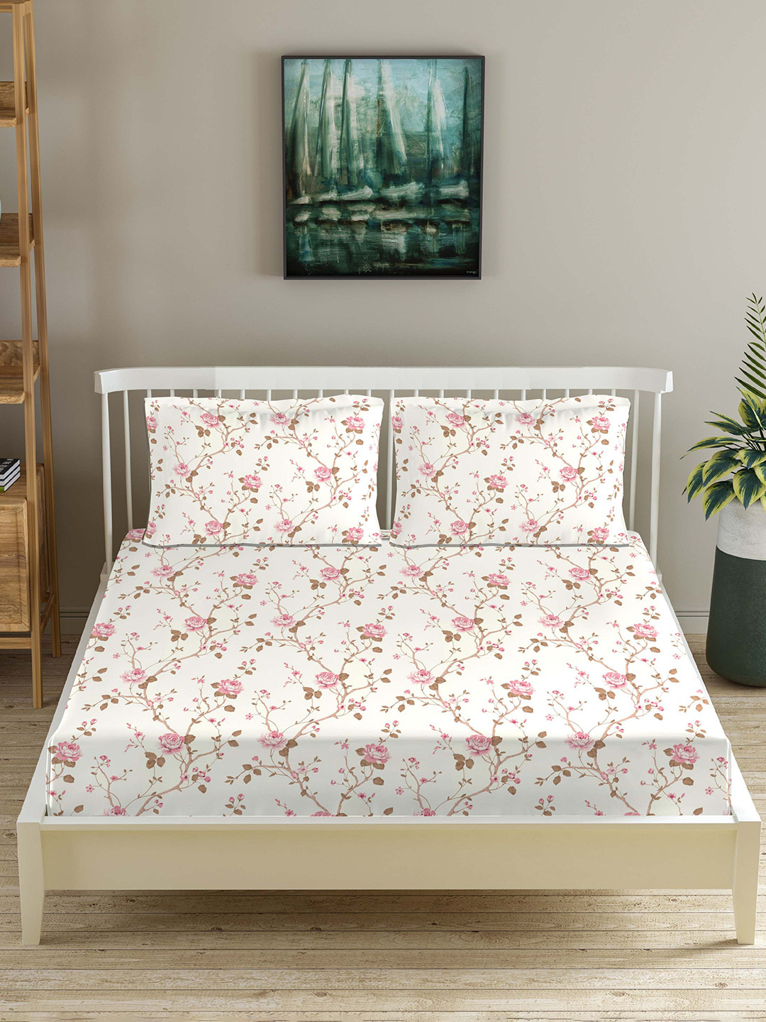 Trance Home Linen Pink Floral Cotton 180 TC Fitted Queen Bedsheet with 2 Pillow Covers-78 x 60 inches