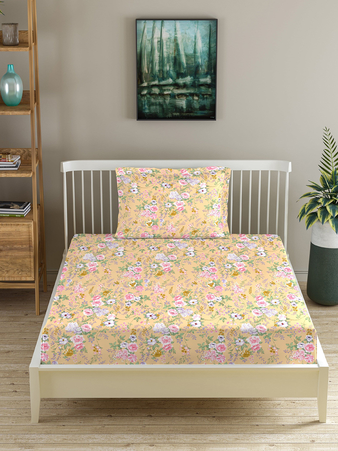 Trance Home Linen Orange & Pink 180 TC Cotton Fitted Single Bedsheet with 1 Pillow Covers