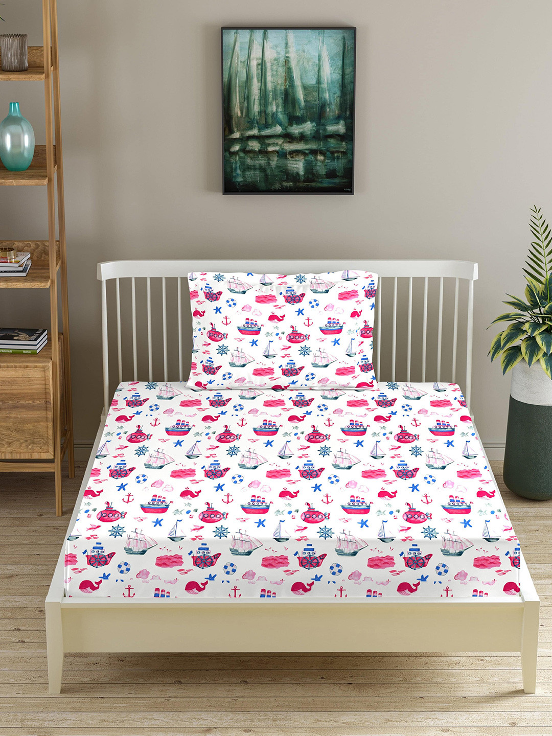 Trance Home Linen Pink Graphic Cotton 180 TC Fitted Single Fine Bedsheet with a Pillow Cover-78 x 36 inches