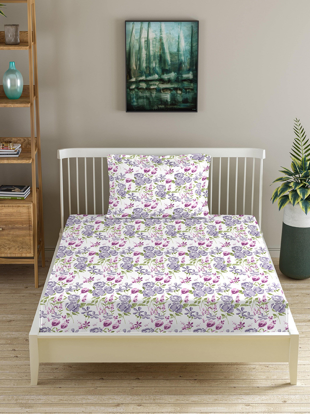 Trance Home Linen Purple Floral Cotton 180 TC Fitted Single Fine Bedsheet with a Pillow Cover-78 x 36 inches