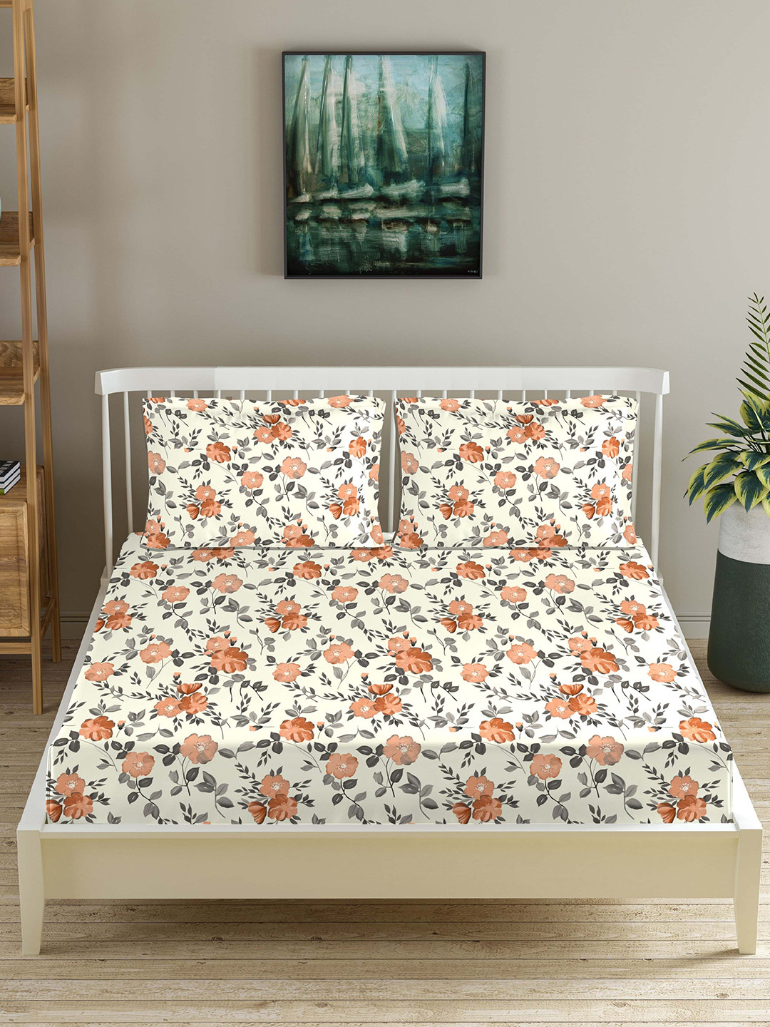 Trance Home Linen Rust Floral Cotton 180 TC Fitted Queen Fine Bedsheet with 2 Pillow Covers-198 x 152 cm