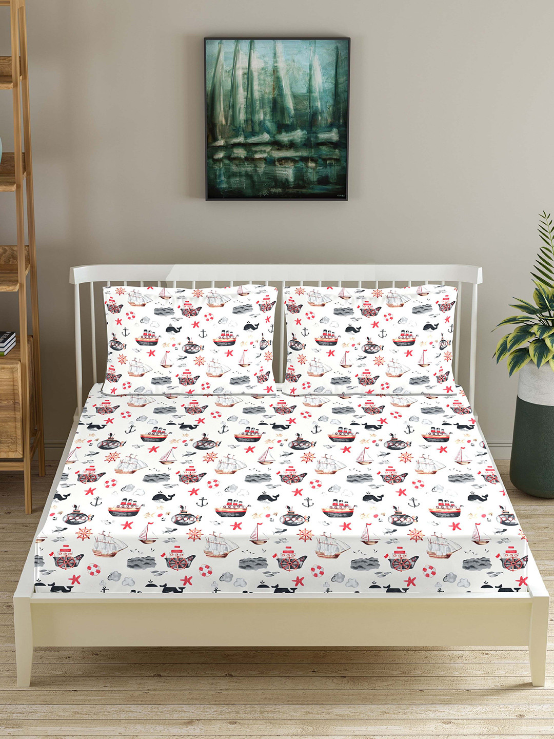 Trance Home Linen Orange Graphic Cotton 180 TC Fitted King Fine Bedsheet with 2 Pillow Covers-78 x 72 inches