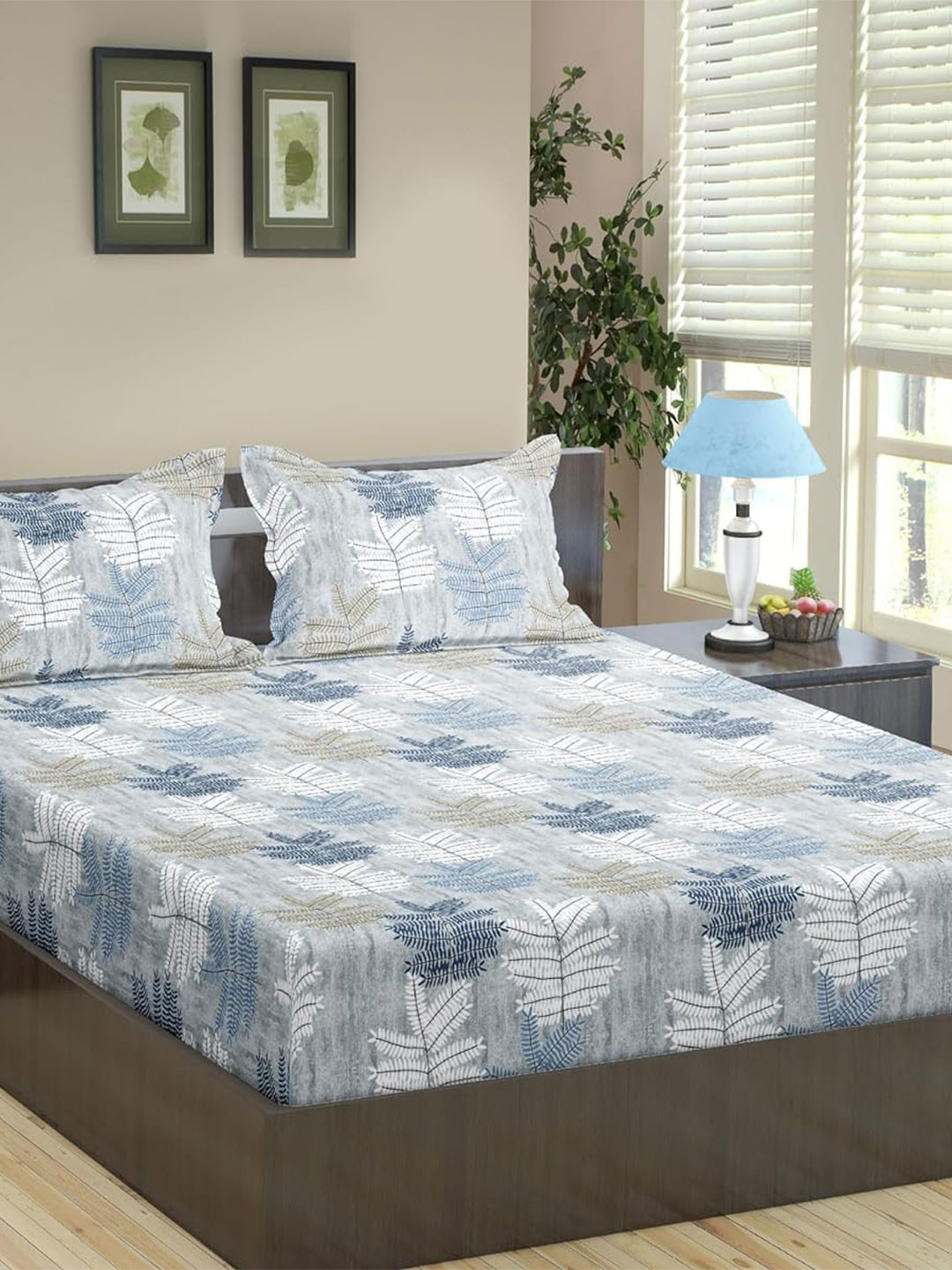 Trance Home Linen Blue Leaf Cotton 180 TC Fitted King Fine Bedsheet with 2 Pillow Covers-78 x 72 inches