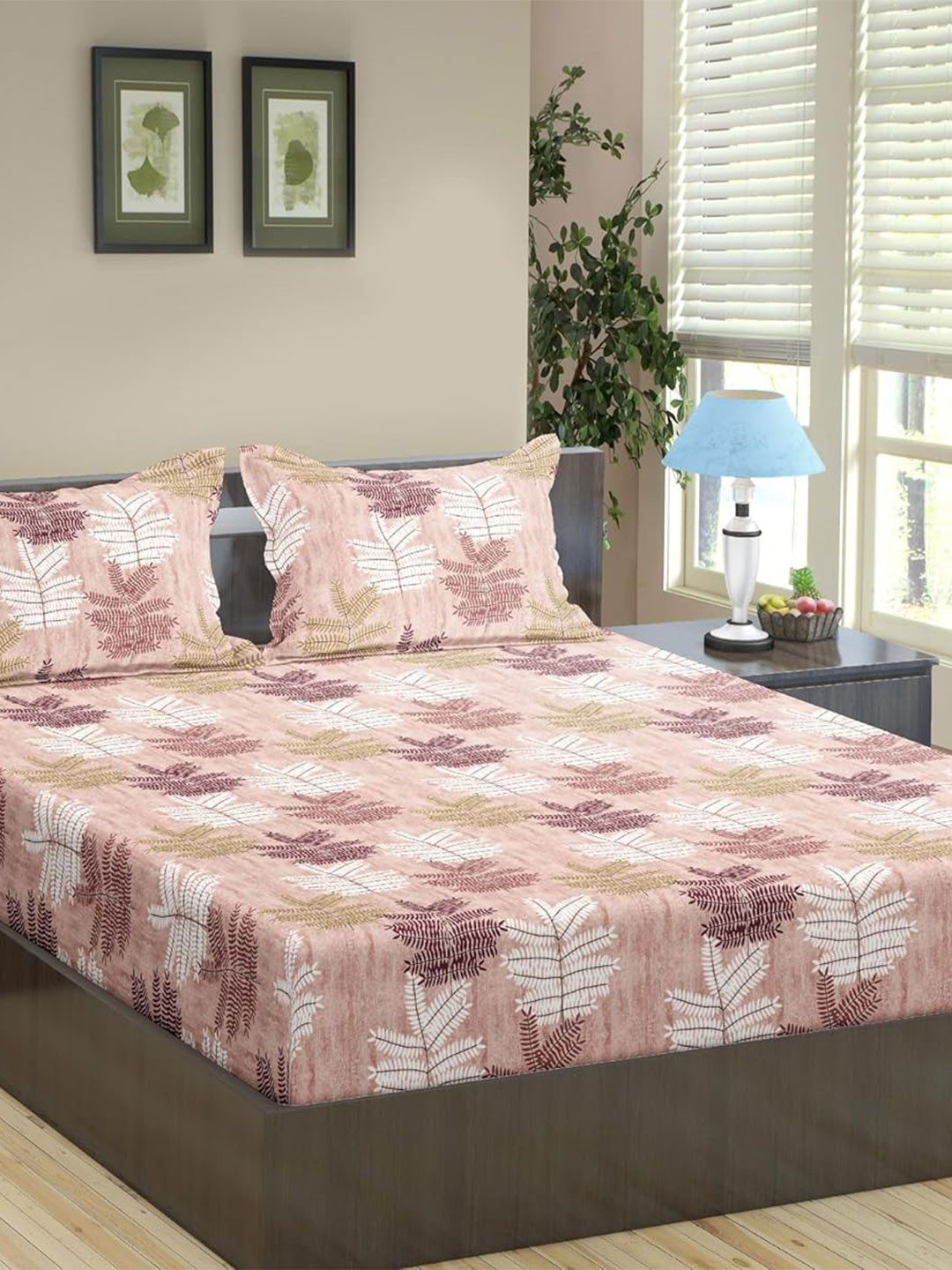 Trance Home Linen Coral Leaf Cotton 180 TC Fitted King Fine Bedsheet with 2 Pillow Covers-78 x 72 inches