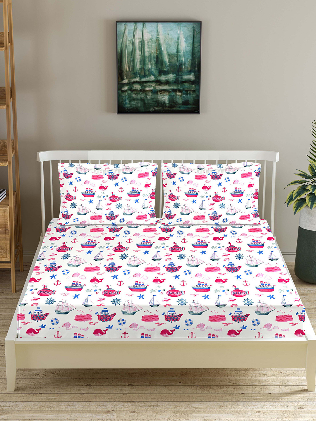 Trance Home Linen Pink Conversational Cotton 180 TC Fitted Queen Fine Bedsheet with 2 Pillow Covers-78 x 60 inches