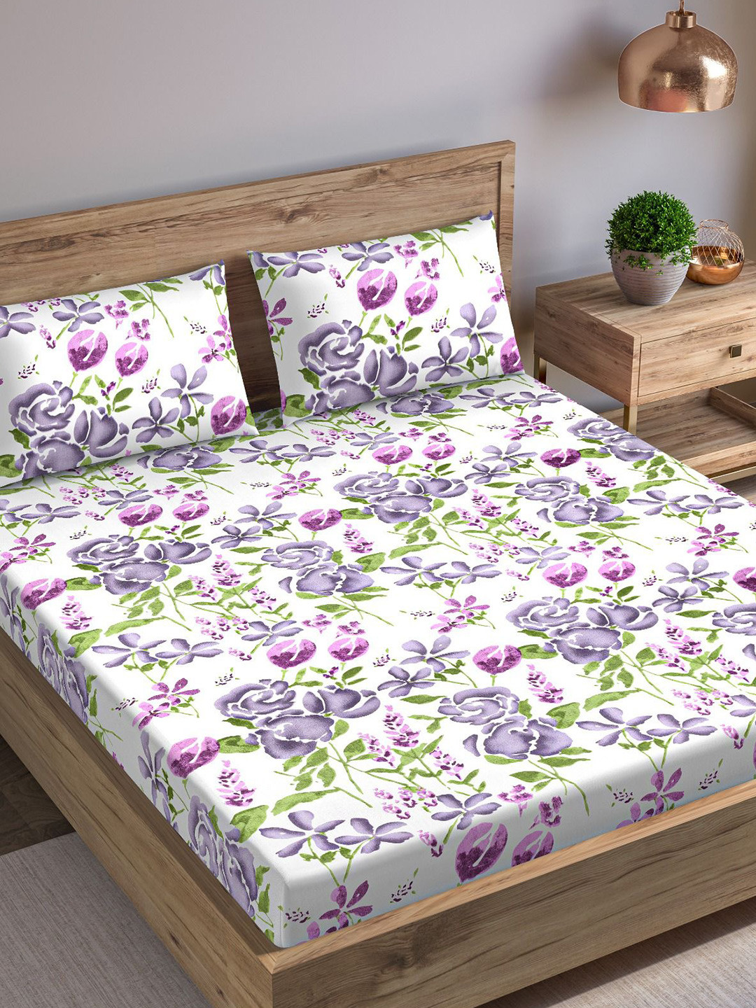 Trance Home Linen Purple Floral Cotton 180 TC Fitted Queen Fine Bedsheet with 2 Pillow Covers-78 x 60 inches