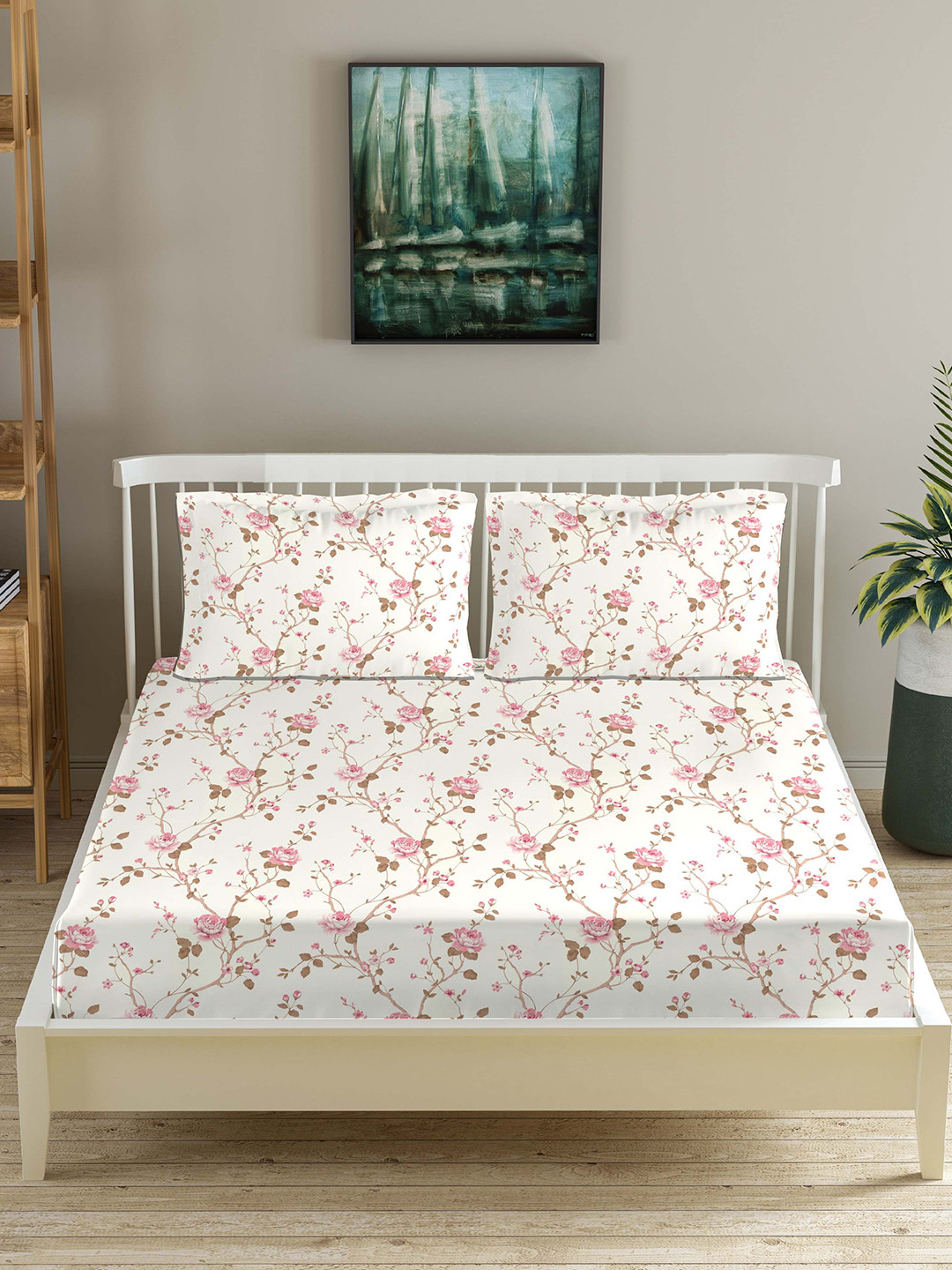 Trance Home Linen Pink Floral Cotton 180 TC Fitted King Fine Bedsheet with 2 Pillow Covers-198 x 182 cm