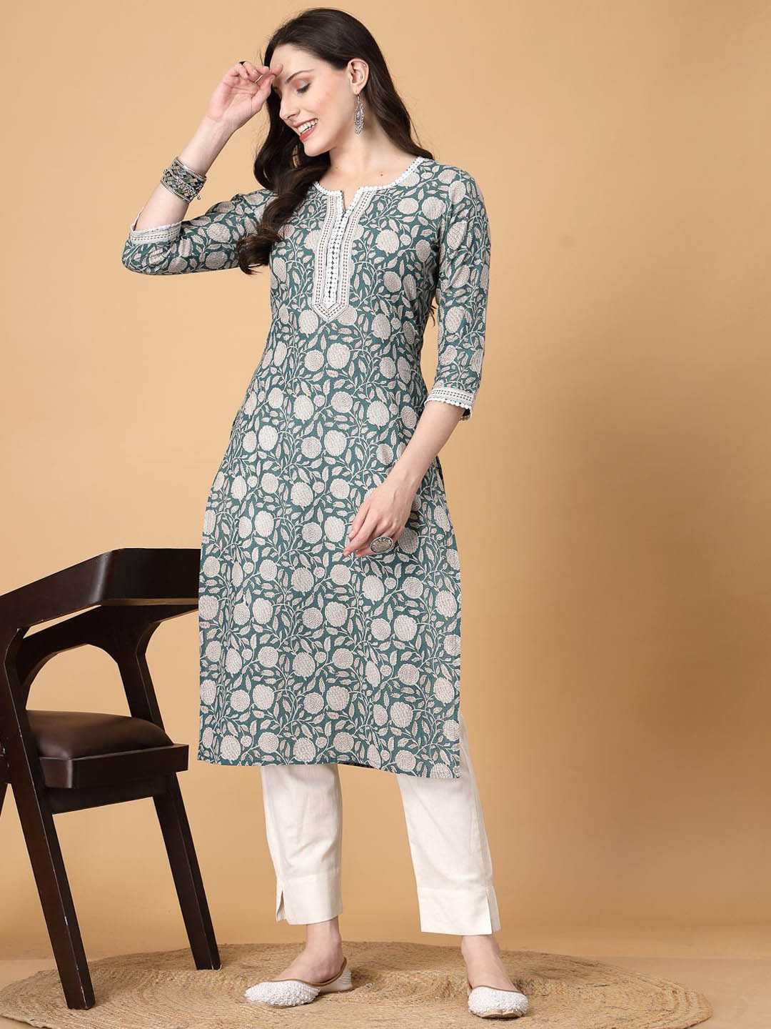 God Bless Floral Printed Notch Neck Pure Cotton Straight Kurta