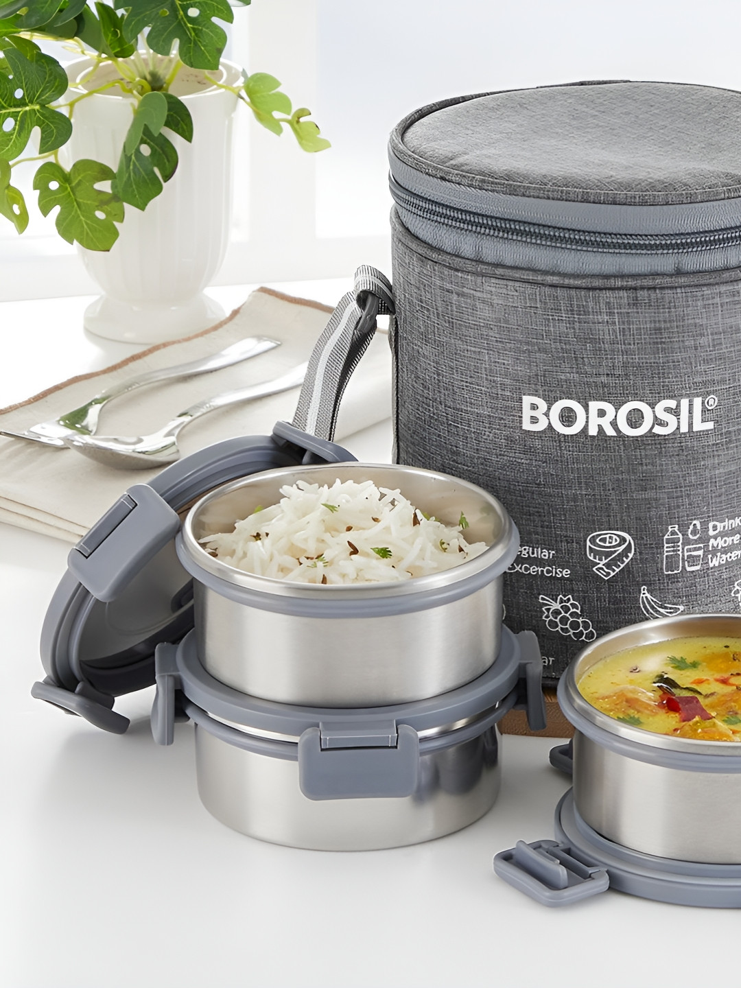 BOROSIL Slate Grey 3-Pcs Stainless Steel Lunch Box With Lunch Bag