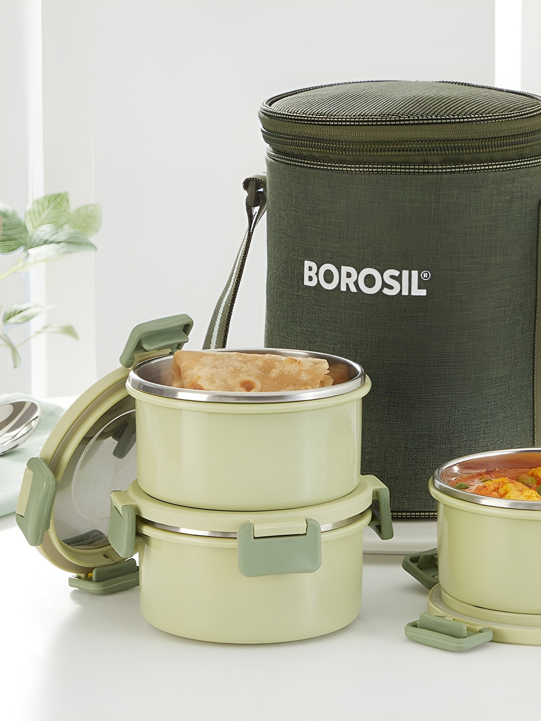 BOROSIL Glory Green 4-Pcs Stainless Steel Lunch Box With Bag