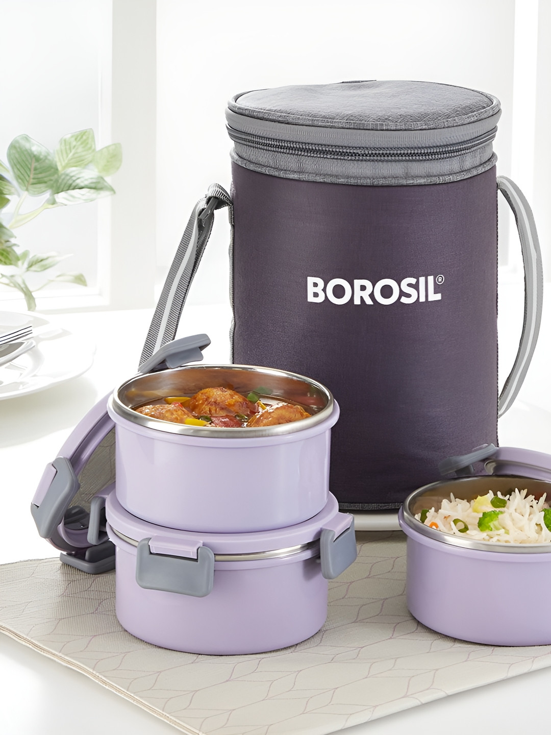 BOROSIL Glory Lavender 3-Pcs Stainless Steel Lunch Box With Bag