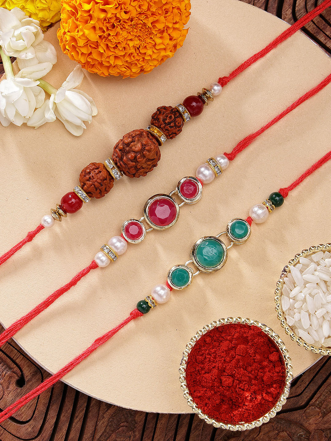 KARATCART Set of 3 Rudraksha & Kundan Rakhis with Roli & Chawal