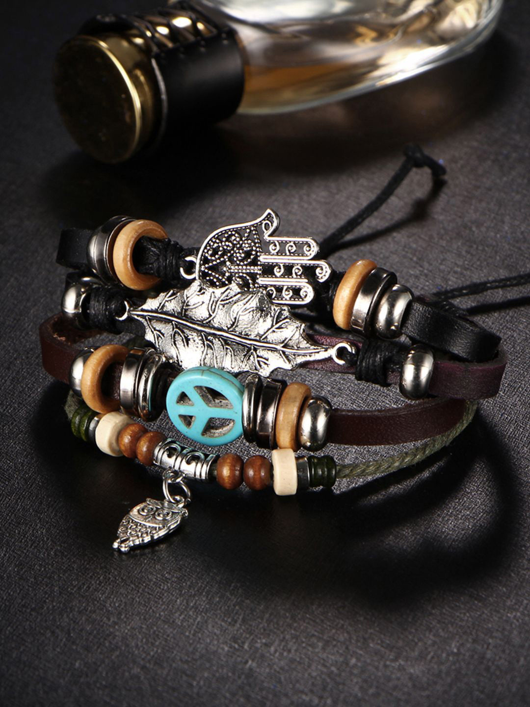 Young & Forever Unisex Hamsa & Owl Leather Wraparound Bracelet