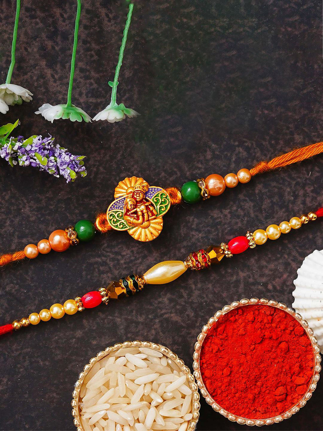 eCraftIndia Set of 2 Lord Radha Krishna Design Thread Rakhis with Roli Chawal