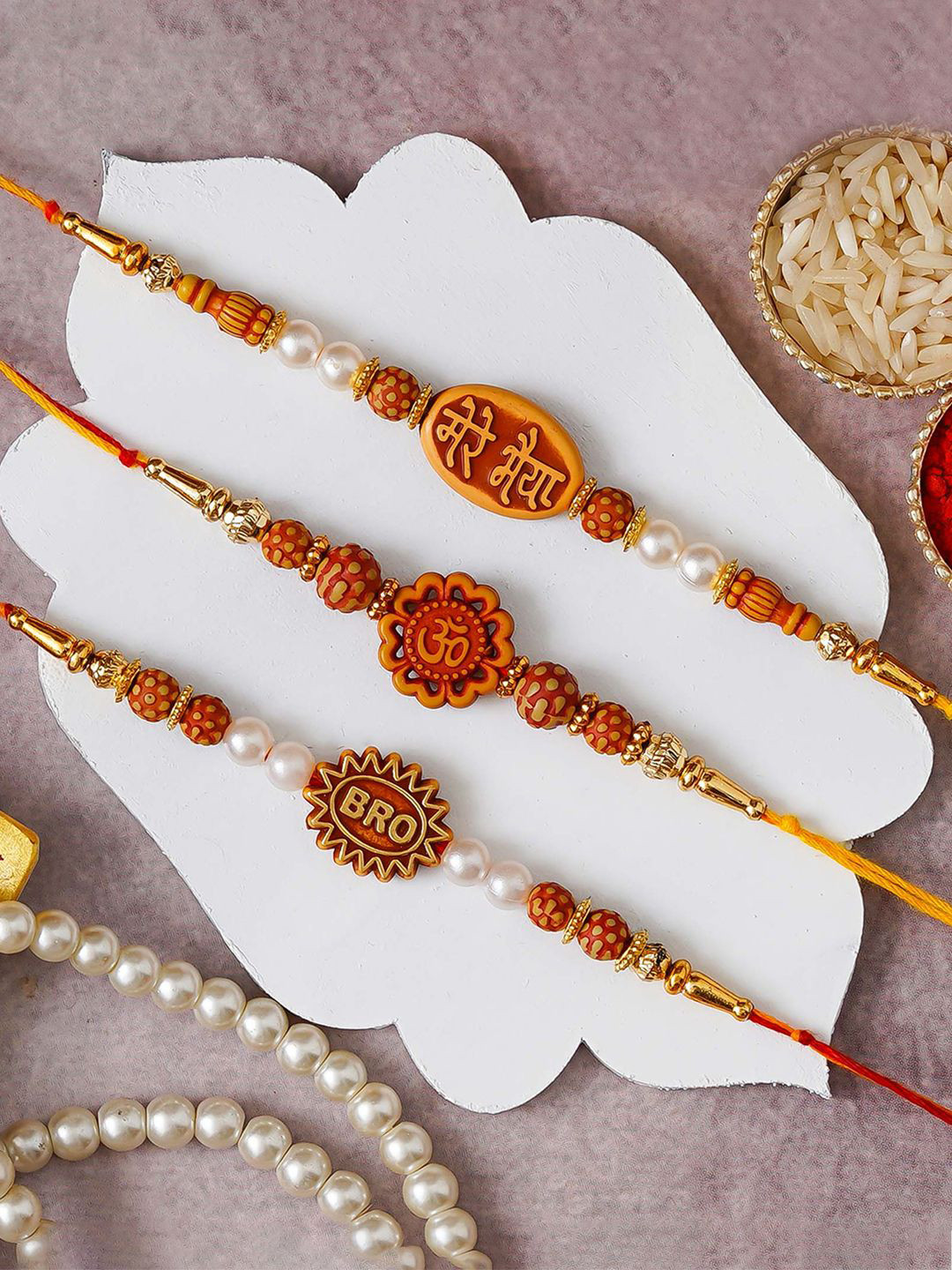 eCraftIndia Set Of 3 Om Bro Mere Bhaiya With Roli Chawal