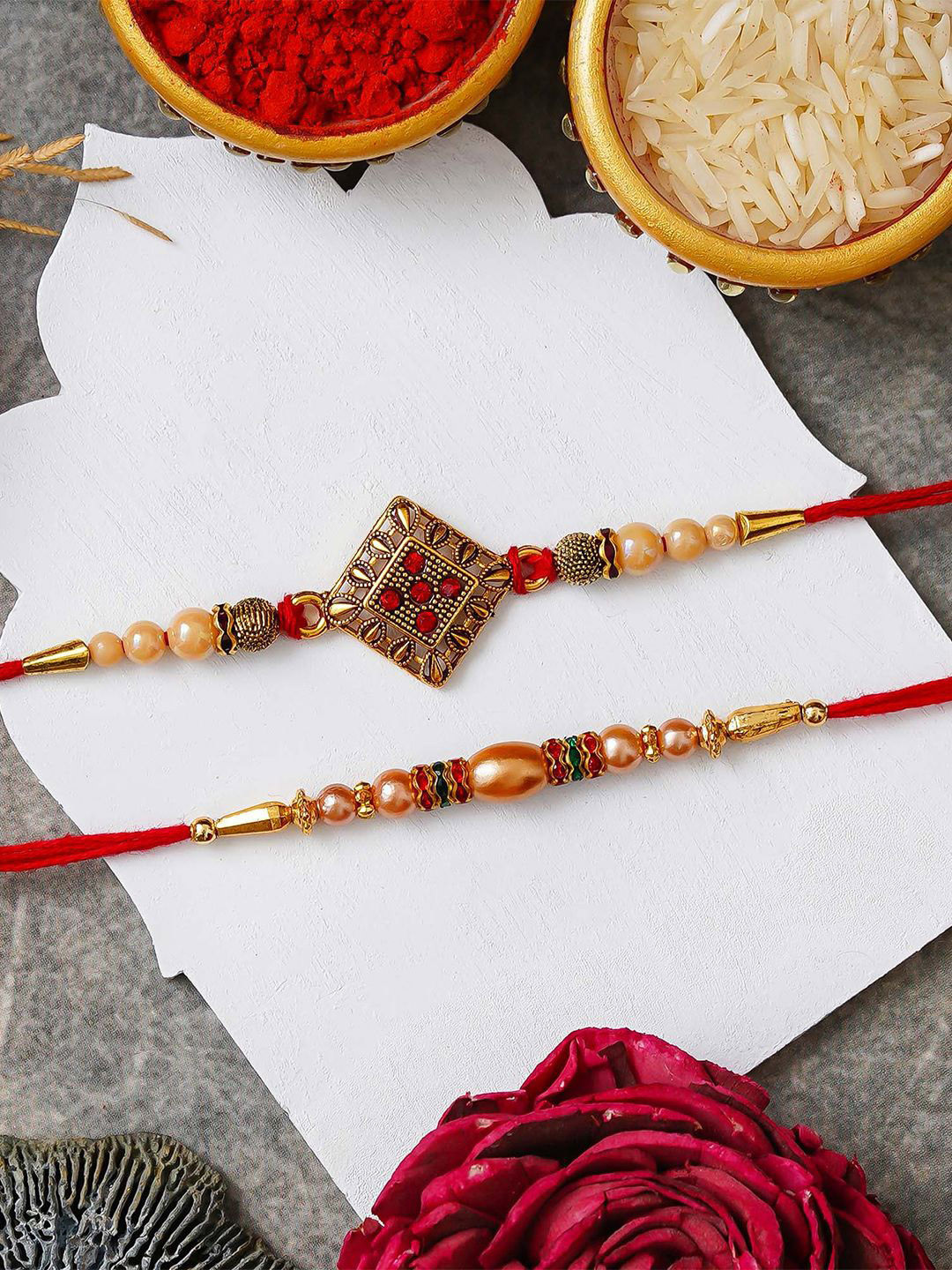 eCraftIndia Set Of 2 Diamond Shape Rakhi With Roli Chawal