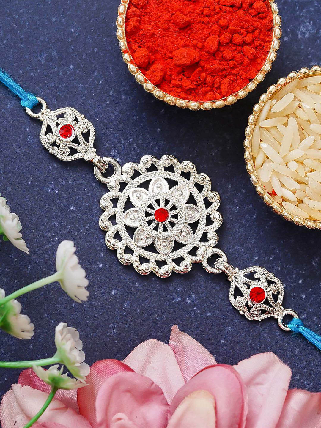 eCraftIndia Floral Silver Rakhi With Roli Chawal