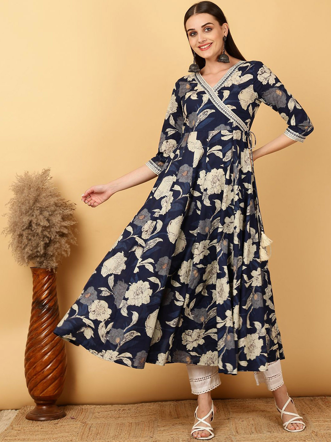 KIMAYRA Floral Printed V-Neck Angrakha Styled Mirror Work Cotton Anarkali Kurta