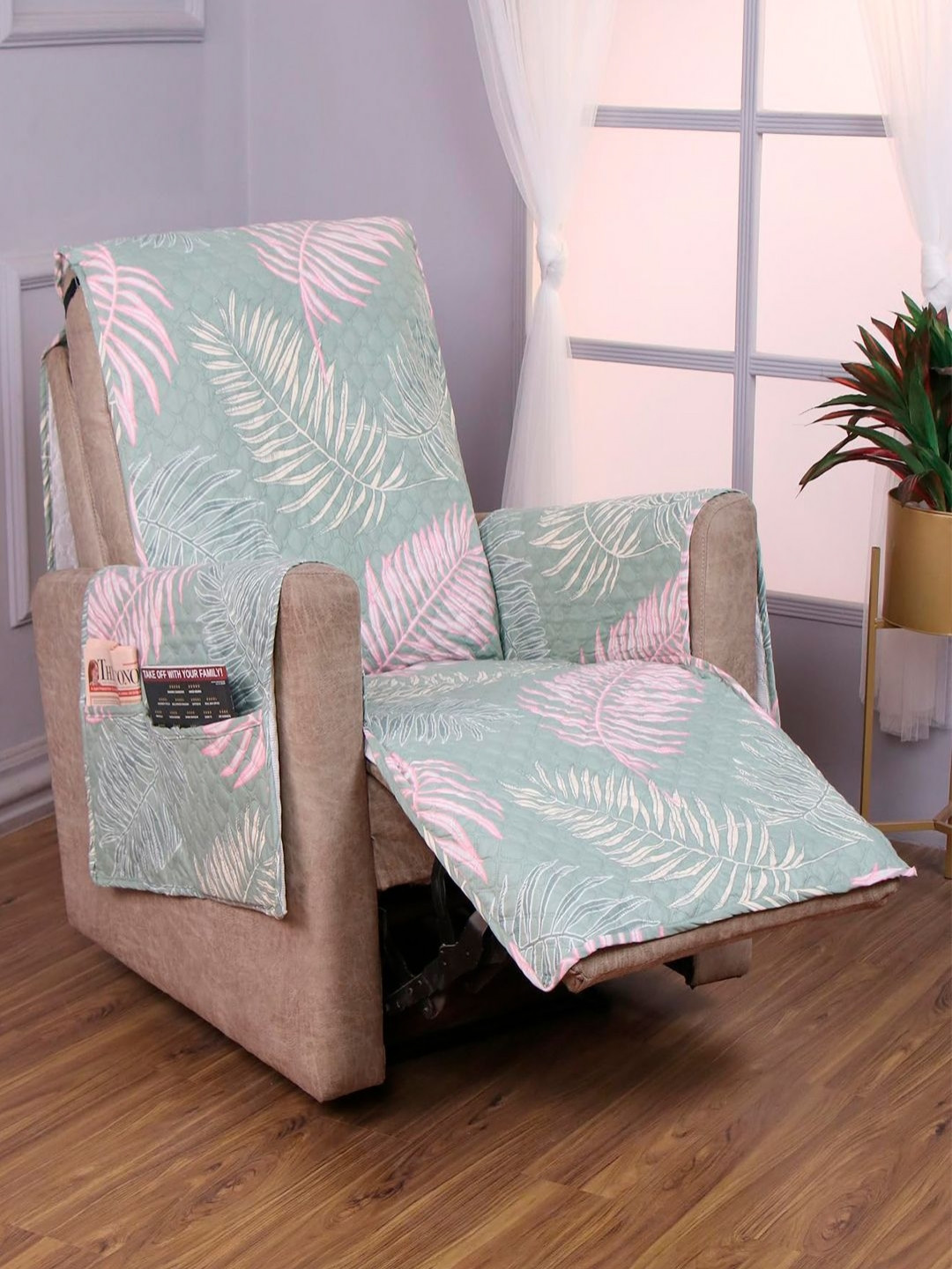 HOKIPO Green & Pink Tropical Printed Recliner Sofa Cover
