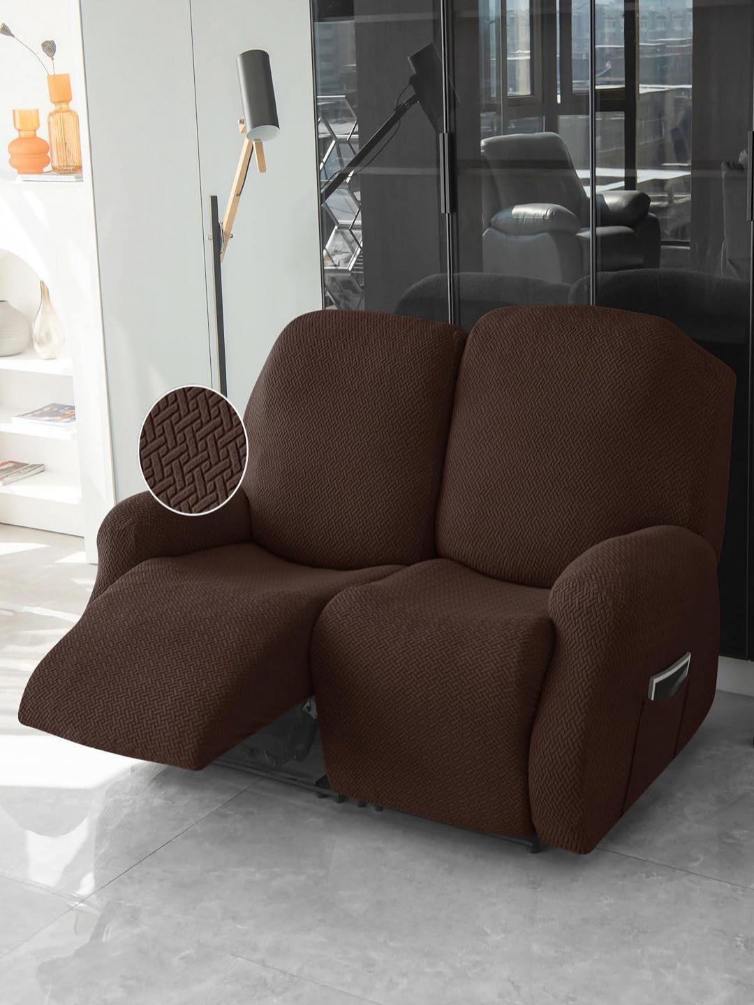 HOKIPO Chocolate Brown 2 Seater Recliner Sofa Cover, 210GSM Thick T-Type Jacquard