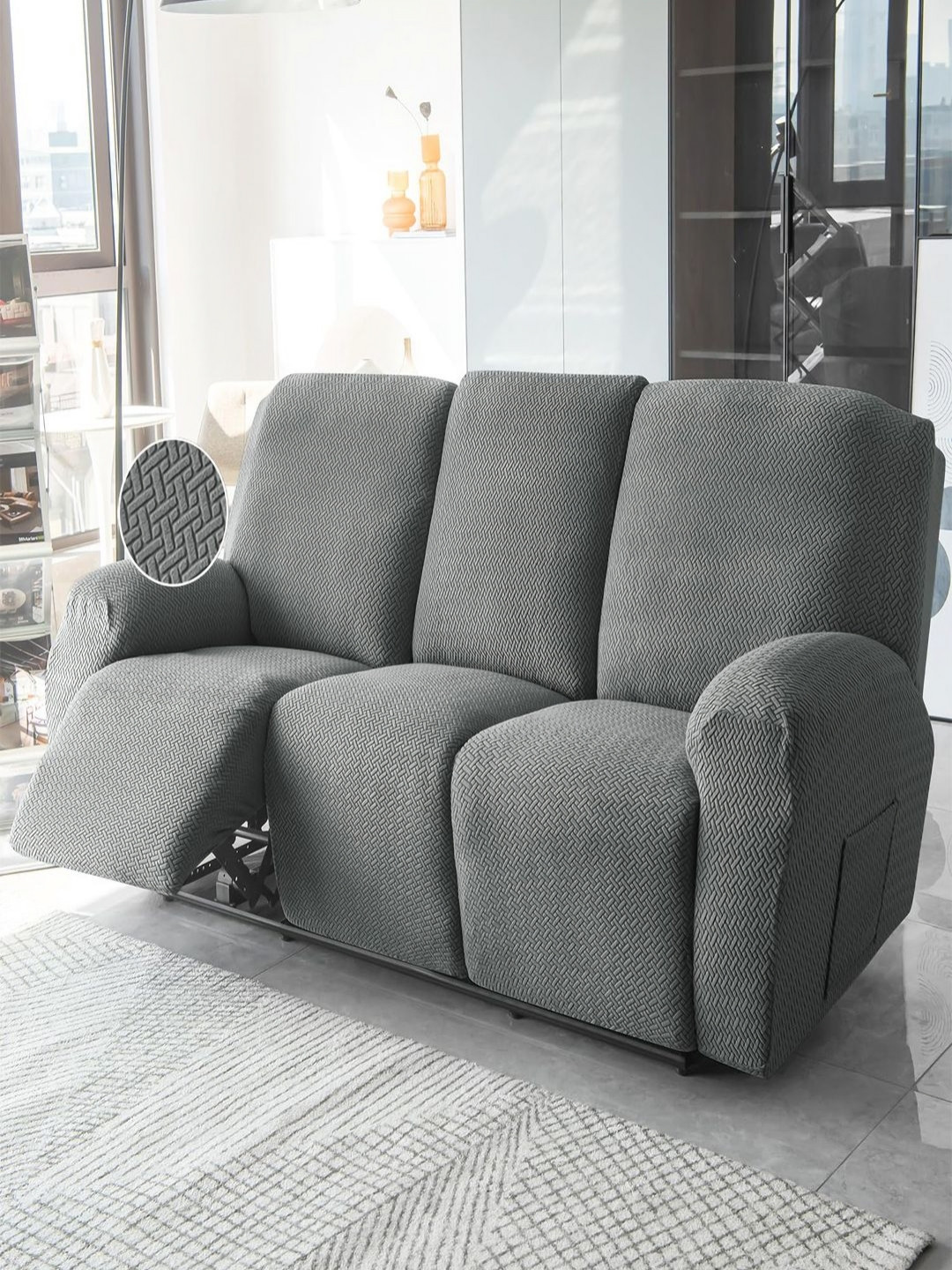 HOKIPO Grey Jacquard 3 Seater Recliner Sofa Cover With Arms