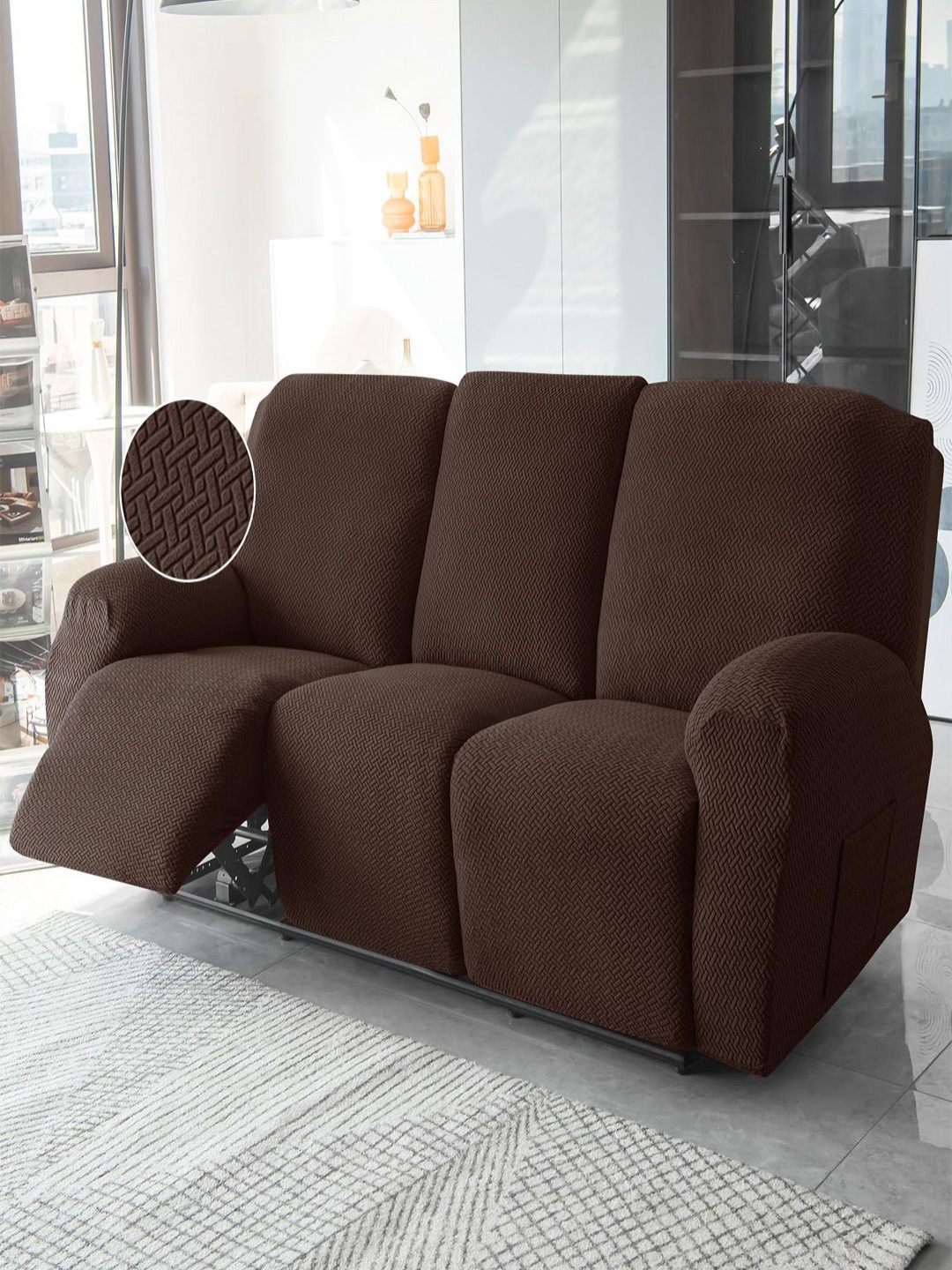 HOKIPO Brown Jacquard 3 Seater Recliner Sofa Cover With Arms