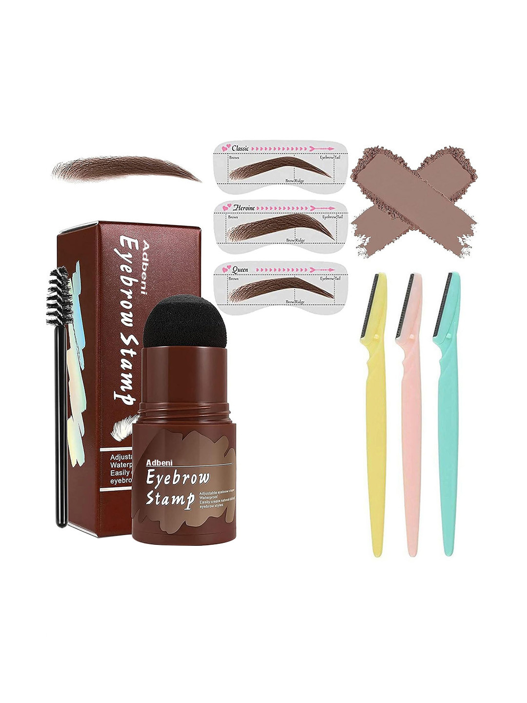 Adbeni Set of 3 Twinkle Eyebrow Razor with 1 Eyebrow Stamp 24gm - Dark Brown