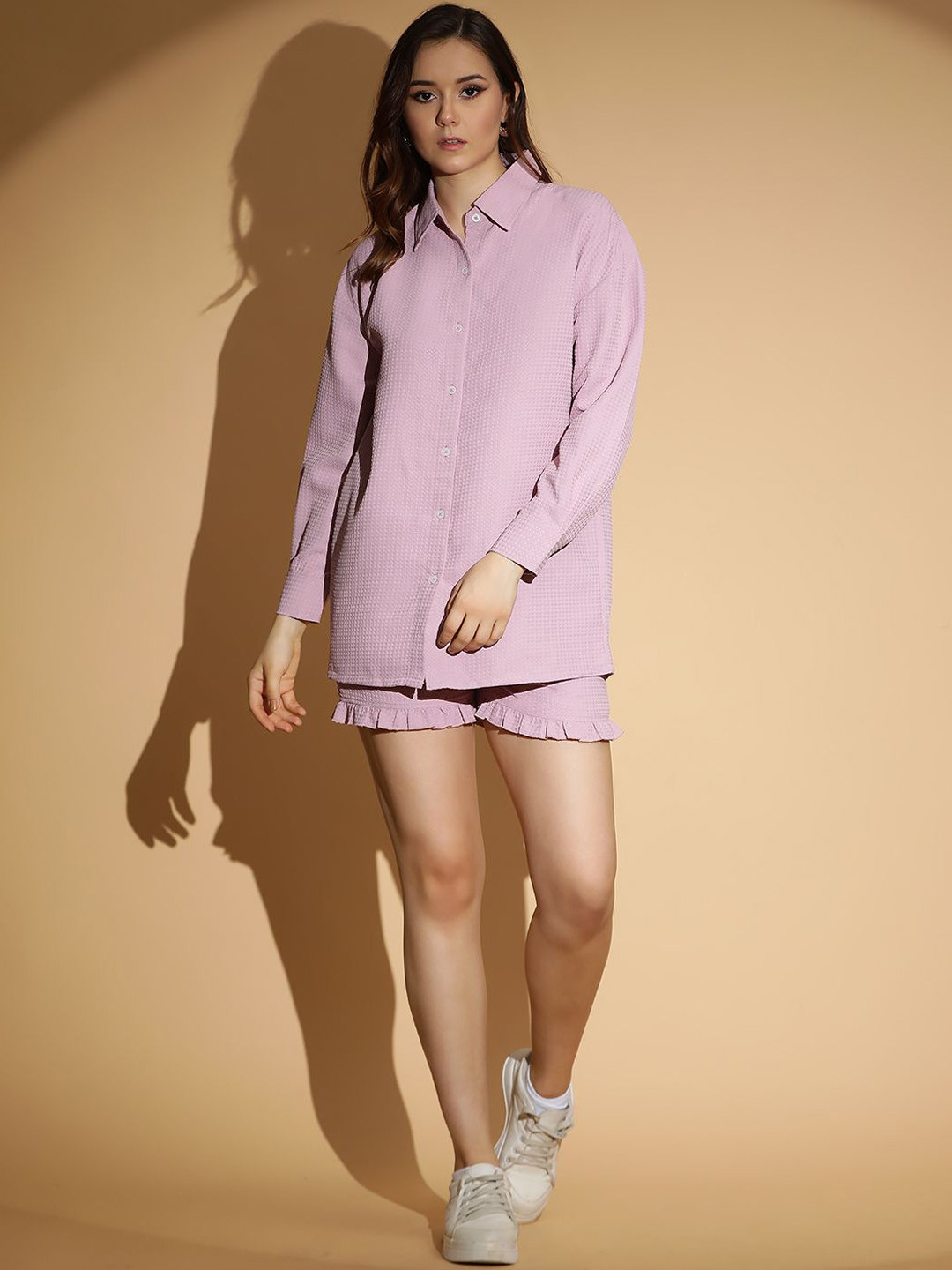 Stylecast X Kotty Purple Self-Design Long Sleeves Shirt & Shorts