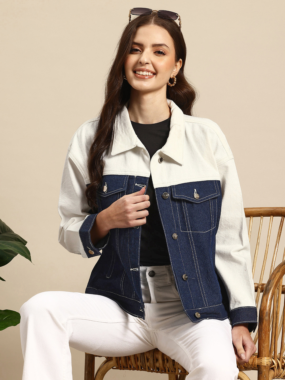 Mast & Harbour Colourblocked Drop-Shoulder Sleeves Pure Cotton Trucker Denim Jacket