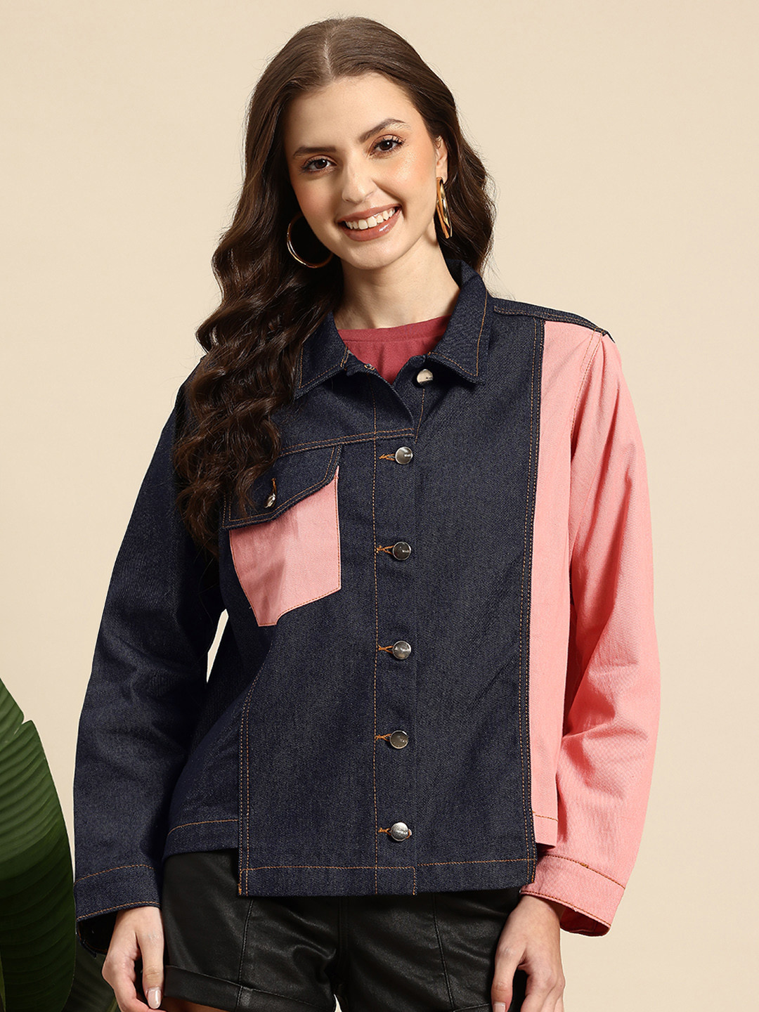 Mast & Harbour Colourblocked Pure Cotton Trucker Denim Jacket